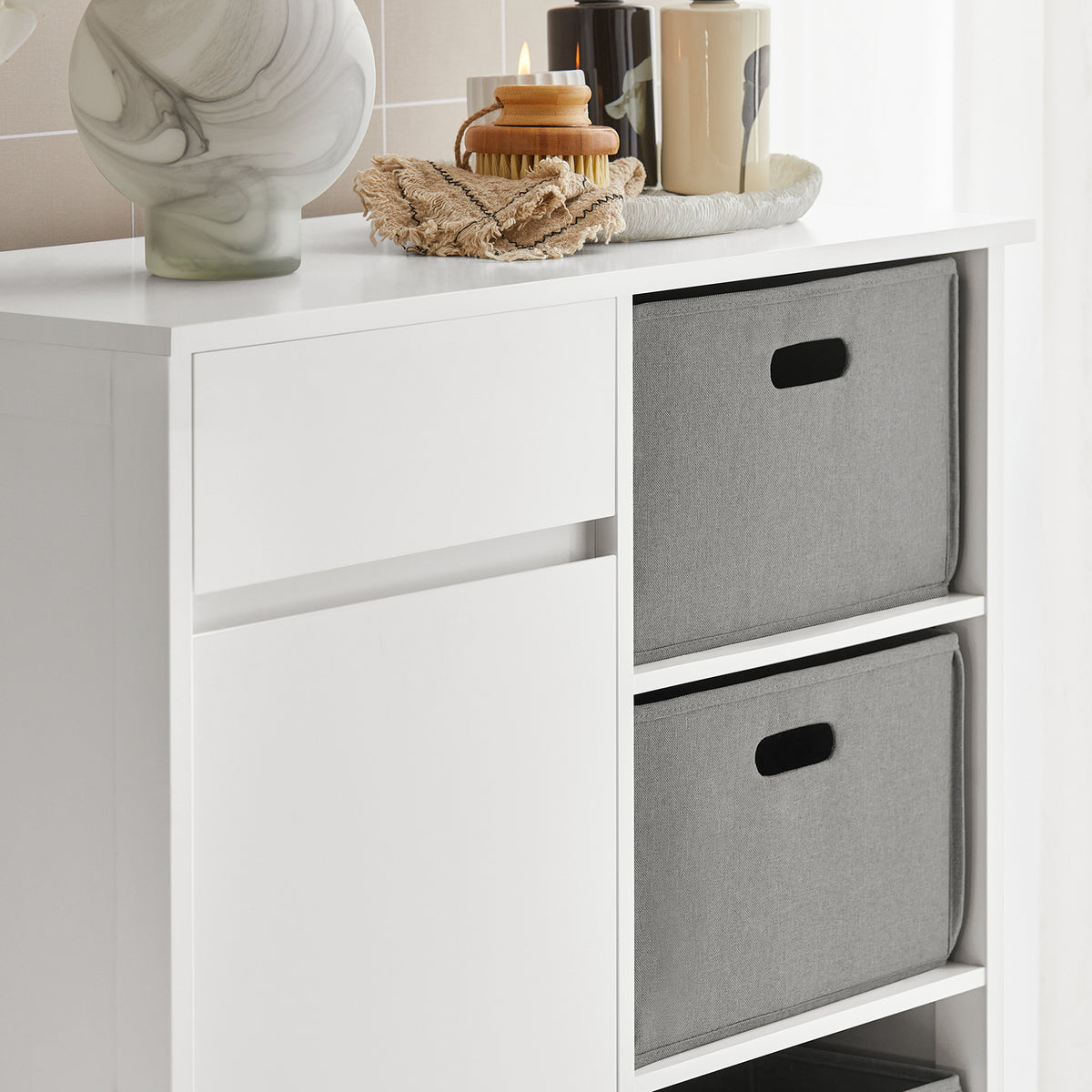 SoBuy BZR77-W Meuble de Salle de Bain avec Paniers à Linge, Armoire à Linge avec 3 Paniers et Tiroir, Armoire de Salle de Bain en Bois, Corbeille à Linge, Blanc, 80x91x38cm