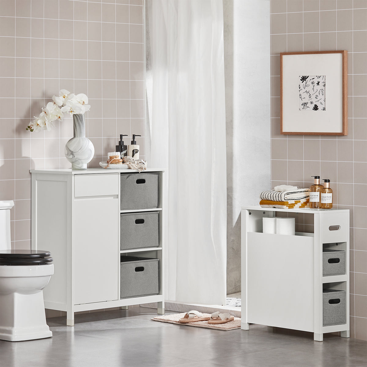 SoBuy BZR77-W Meuble de Salle de Bain avec Paniers à Linge, Armoire à Linge avec 3 Paniers et Tiroir, Armoire de Salle de Bain en Bois, Corbeille à Linge, Blanc, 80x91x38cm