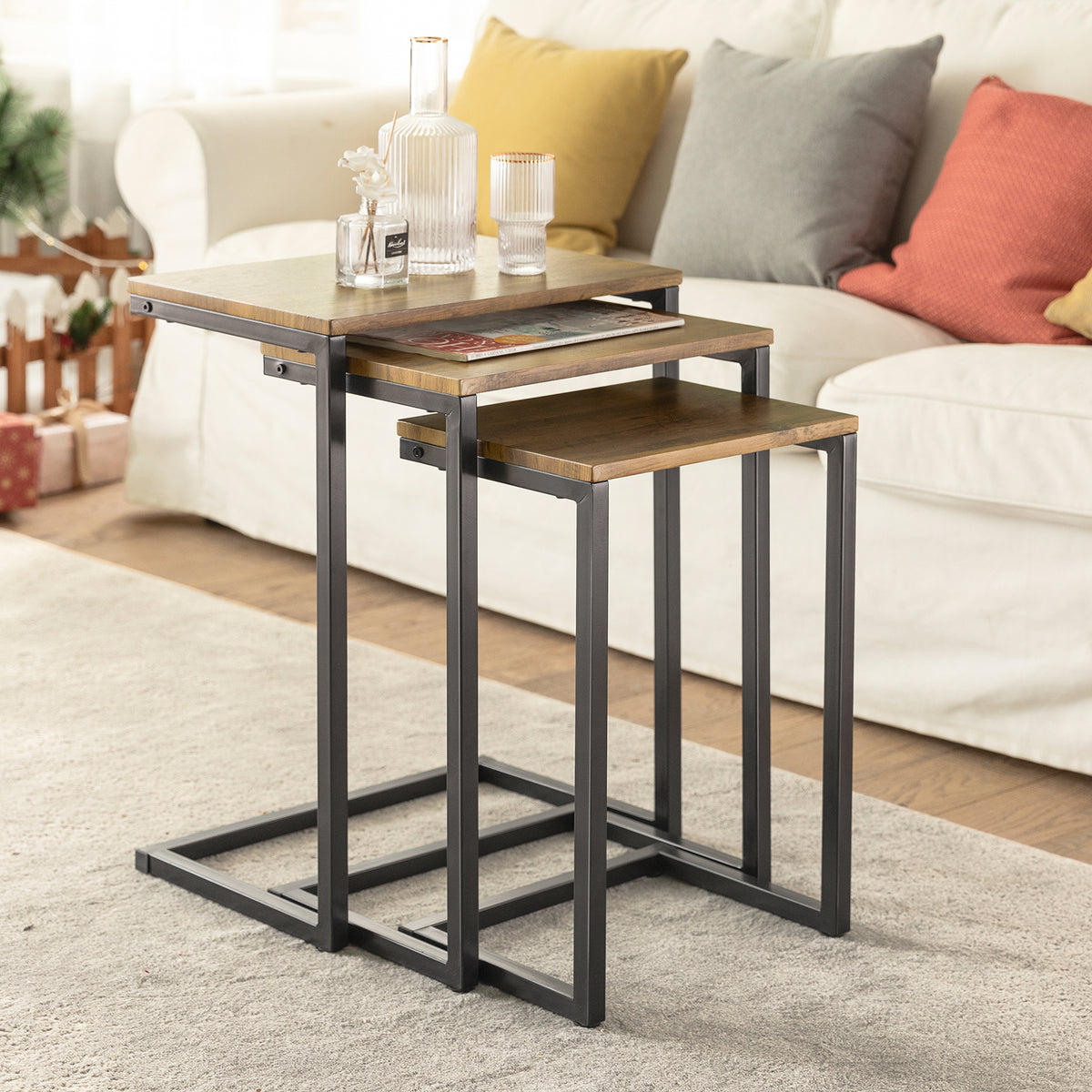 SoBuy FBT102-F Set de 3 Tables Gigognes, Tables Basses Modernes pour Salon, Design Gain de Place, Nature & Noir