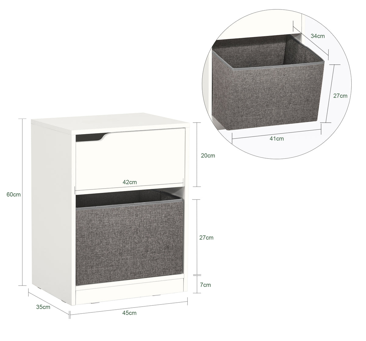 SoBuy FBT109-W Măsuță laterală Noptieră Măsuță de cafea Măsuță de capăt cu sertar și coș