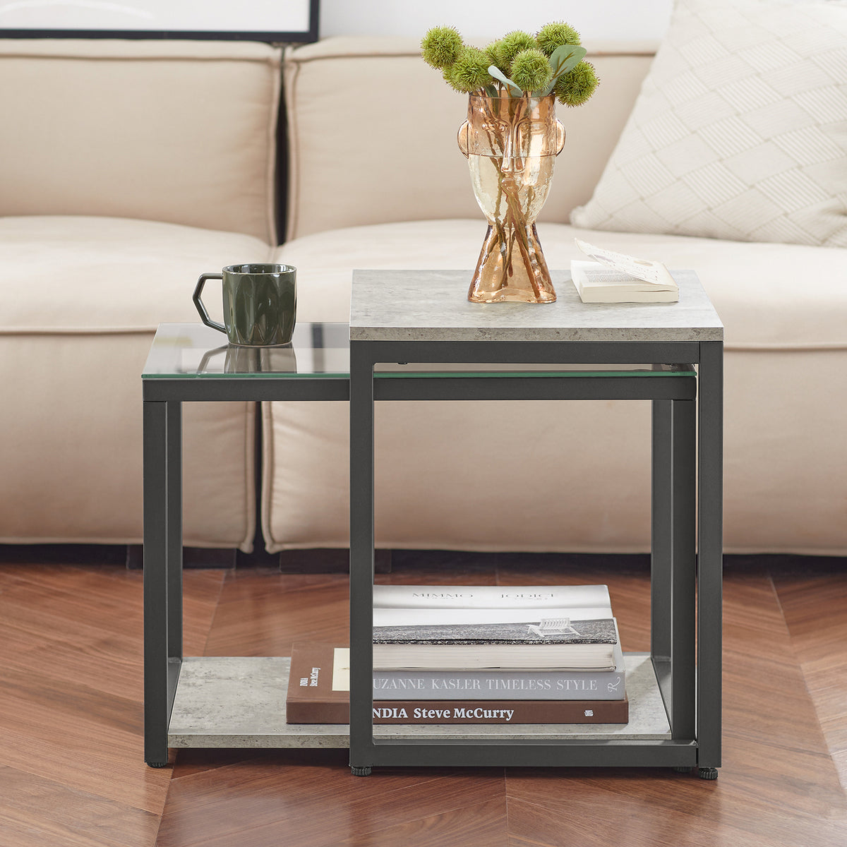 SoBuy FBT35-HG Lot de 2 Tables Basses Gigognes Tables de Salon, Set de 2 Tables d'appoint Empilables, Gris