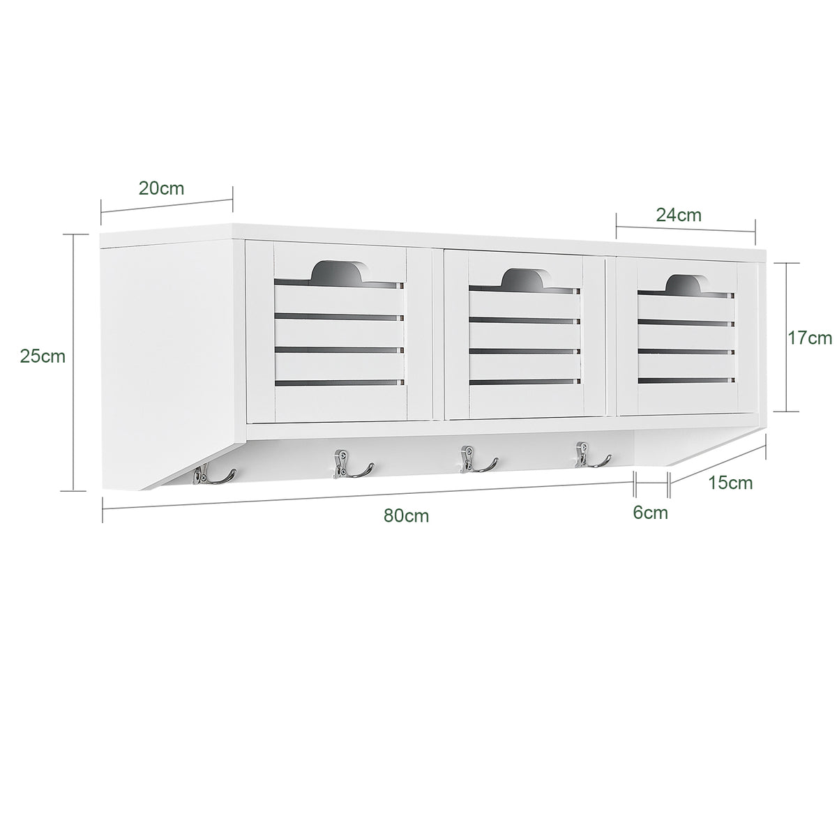 SoBuy FHK19-W Suport haine, etajeră de perete, mobilier de hol, cuiere, etajeră suspendată, vestiar cu 3 coșuri și 4 cârlige 80x20x25 cm