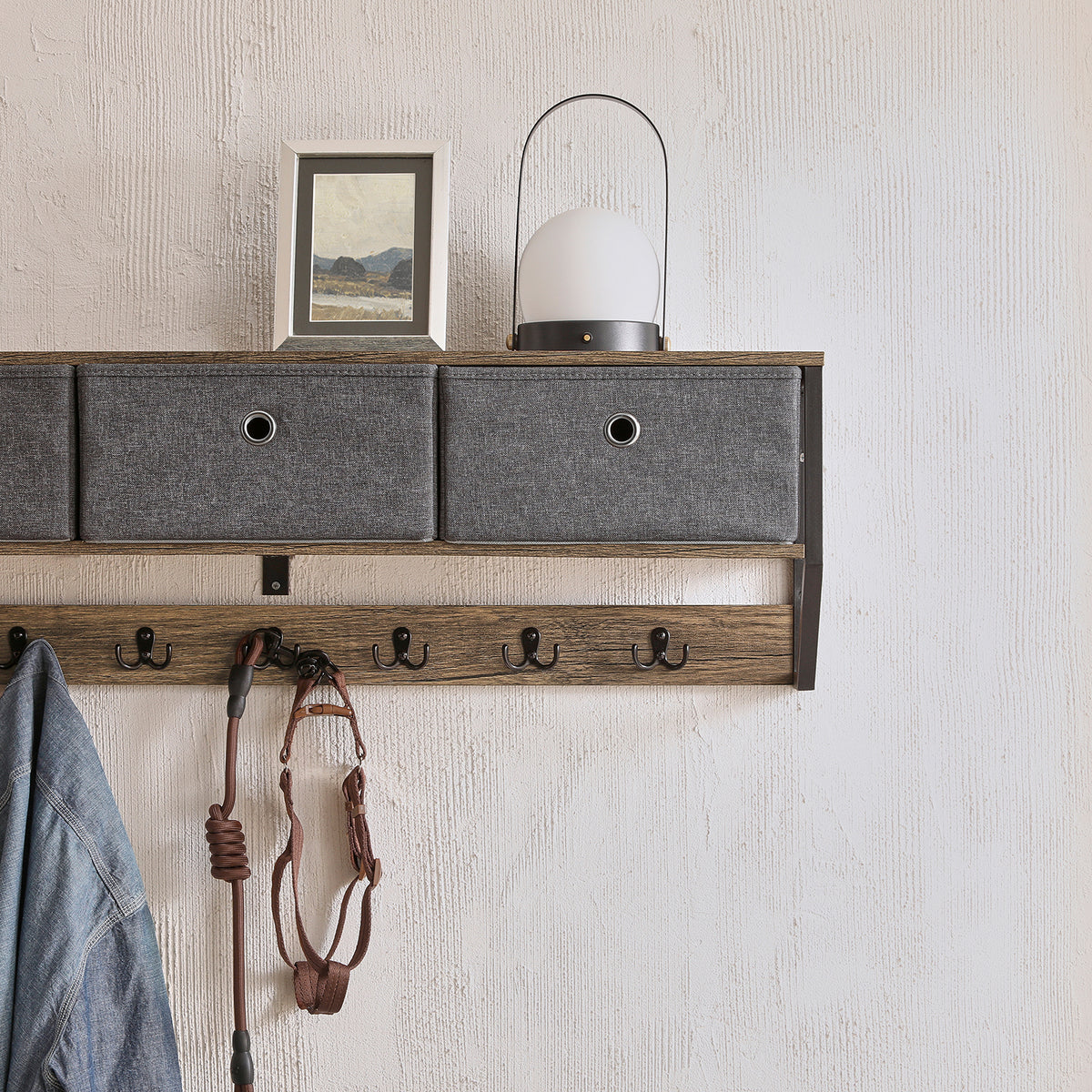 SoBuy FHK26-N Cuier de Perete Mobilier de Hol, Suport Haine, Etajeră de Perete cu 3 Coșuri și 7 Cârlige Duble, Stil Industrial 100x20x30 cm
