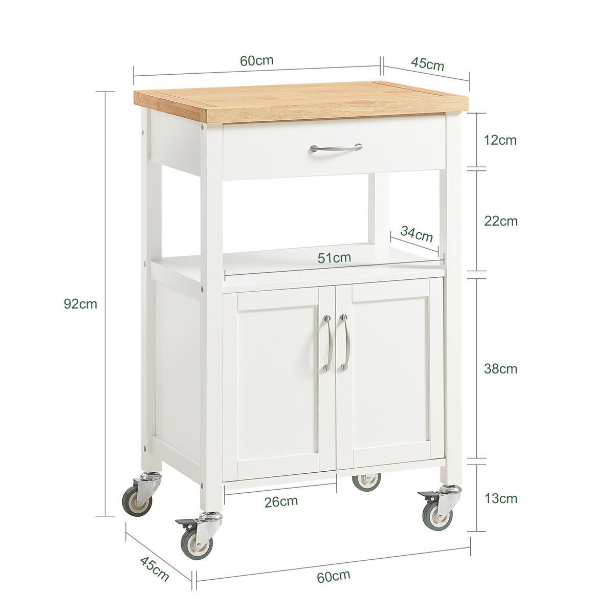 SoBuy FKW22-WN Cărucior de bucătărie cu roți și blat din INOX, 1 Sertar, 1 Raft și 2 Uși, Cărucior multifuncțional – 60x45x92 cm, Alb și Natural