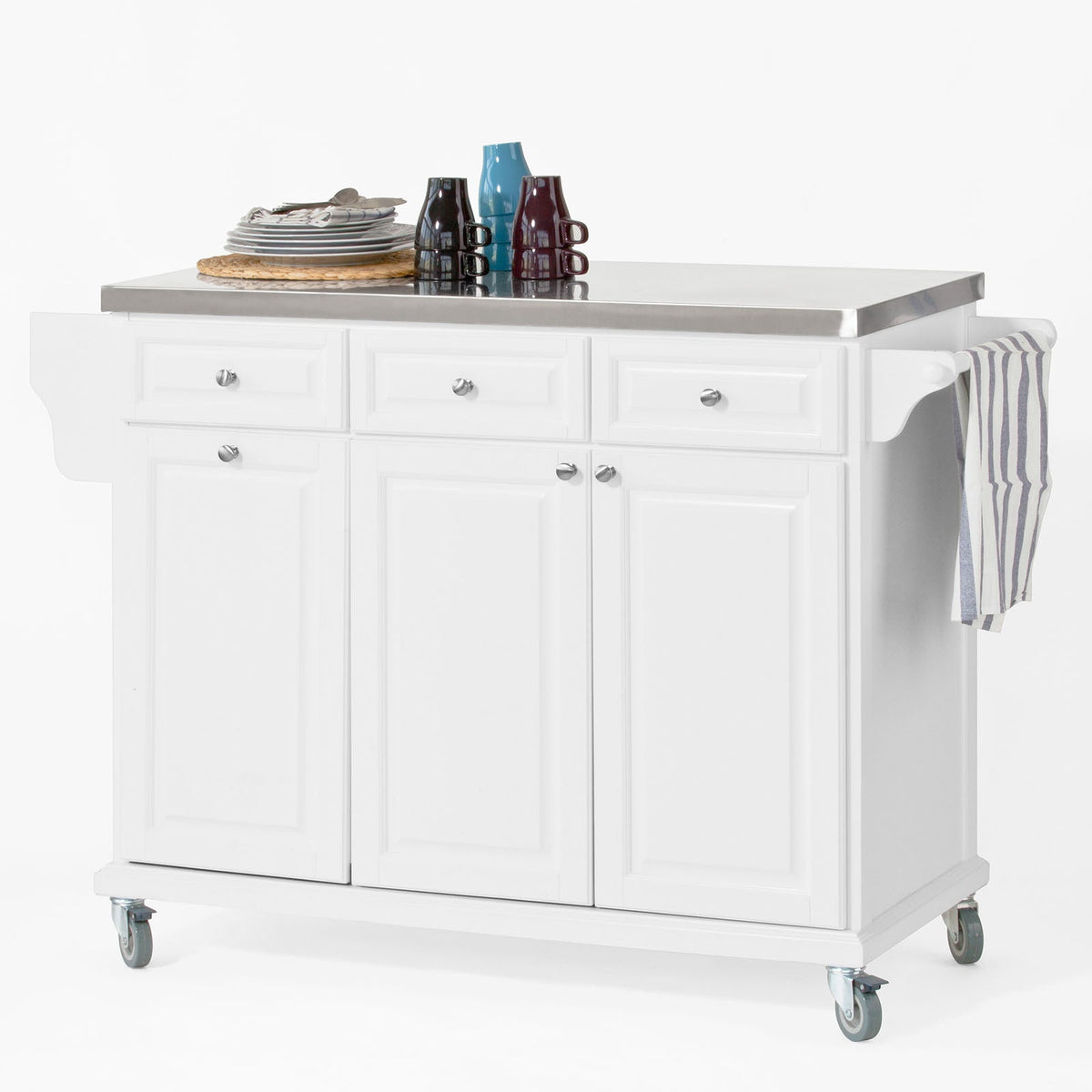 SoBuy FKW33-W Desserte de Cuisine à Roulettes XXL avec Plan de Travail INOX, 3 Tiroirs et Système de Tri des Déchets, Charge