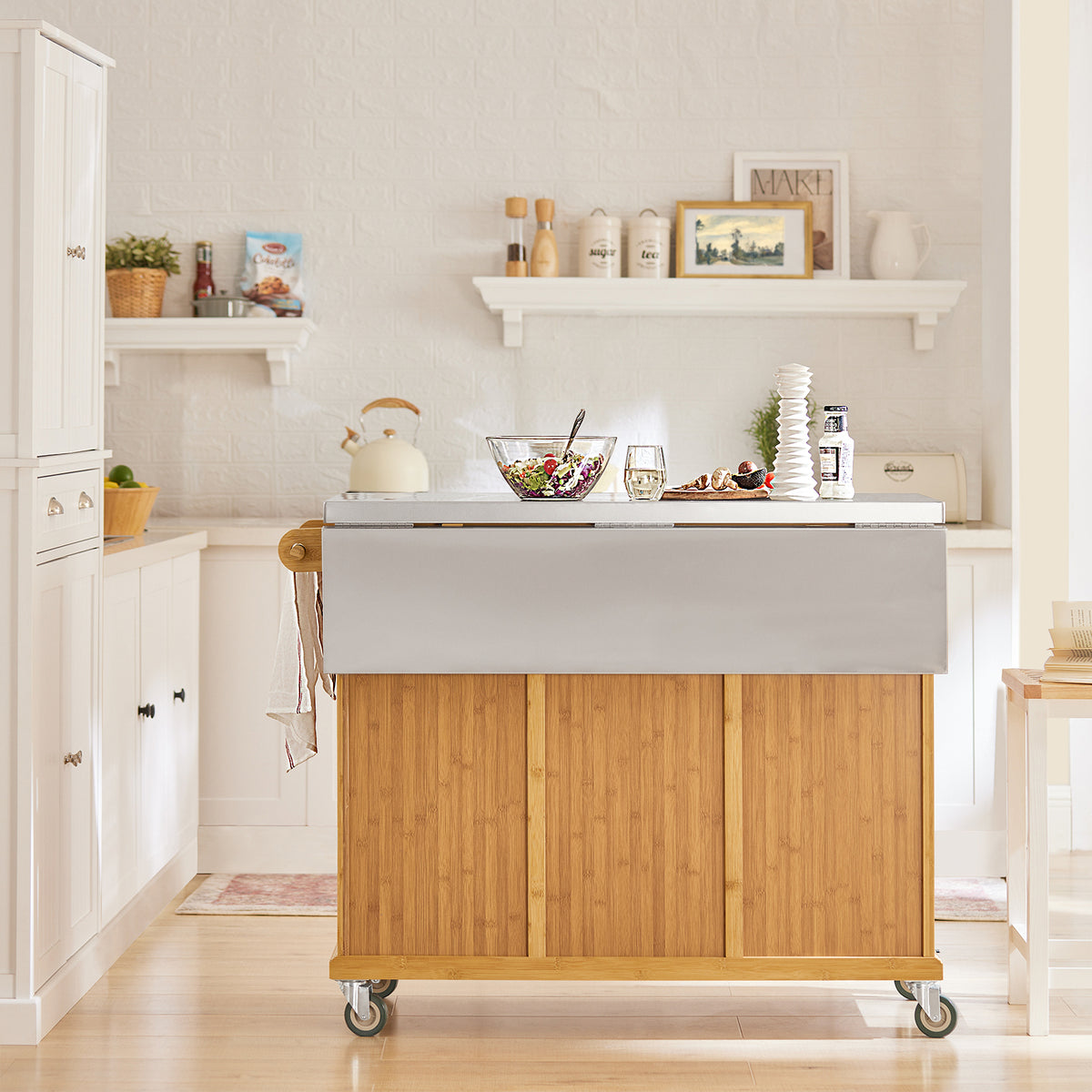 SoBuy FKW69-N Cărucior de Bucătărie cu Roți, Blat Extensibil din Inox 46→71cm, 2 Sertare și Rafturi Reglabile, Sarcină 100 kg – 115x46x92 cm, Natural