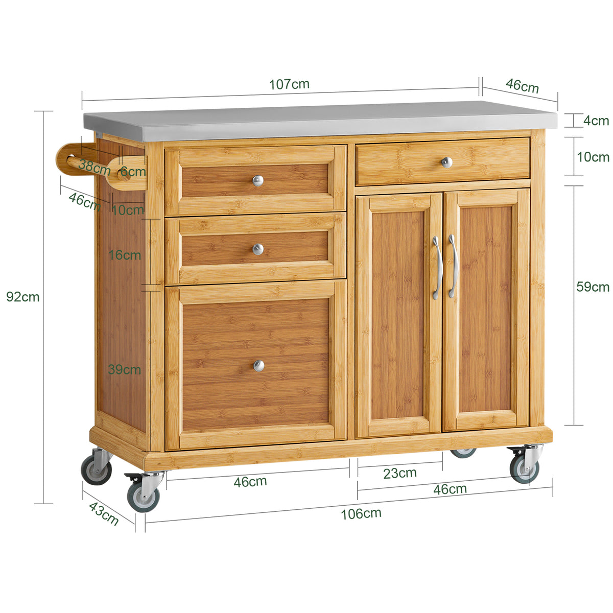 SoBuy FKW70-N Insulă de Bucătărie pe Roți, Blat de Lucru din INOX, 4 Sertare, Cărucior Mobil cu Spații de Depozitare – 115x46x92cm, Natur