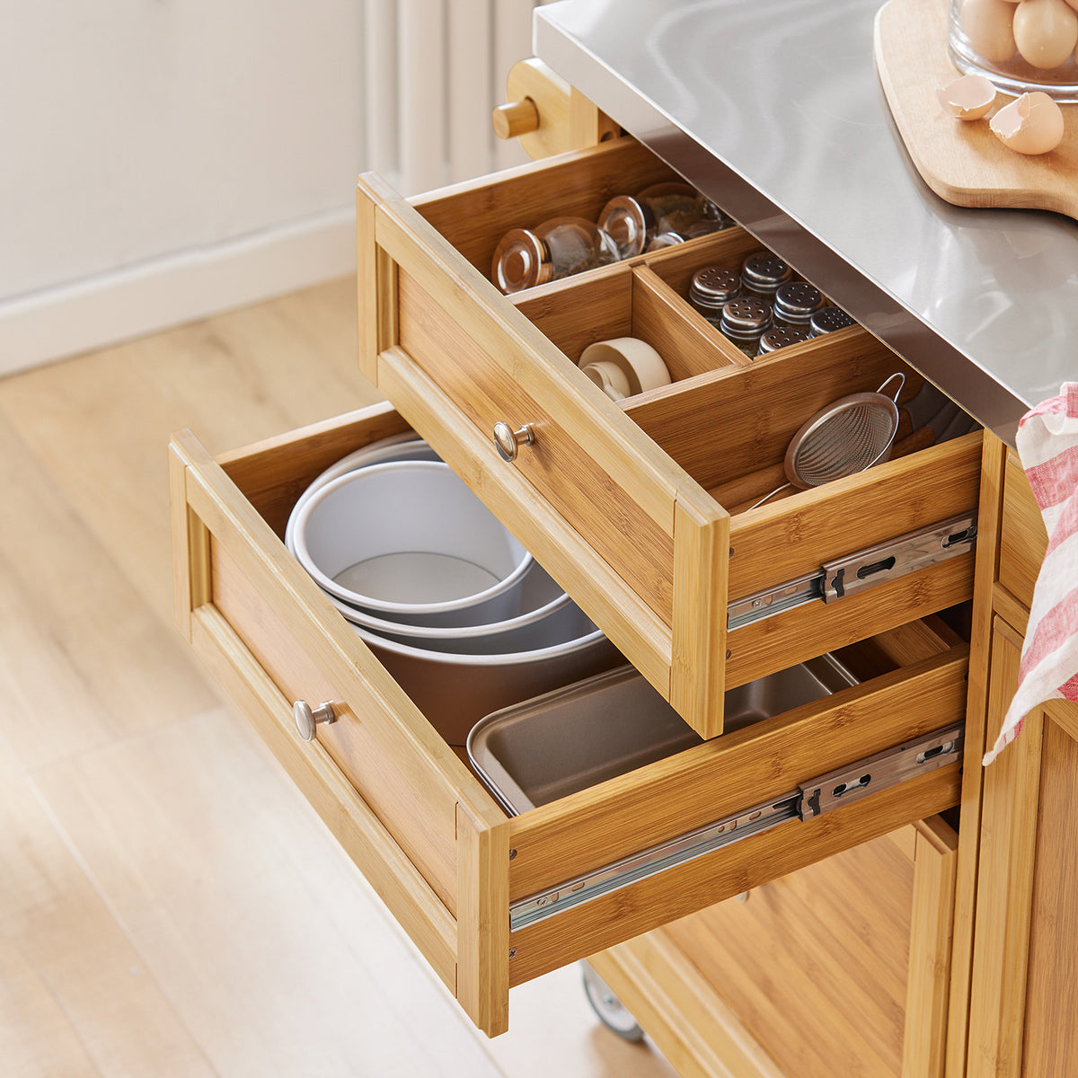 SoBuy FKW70-N Insulă de Bucătărie pe Roți, Blat de Lucru din INOX, 4 Sertare, Cărucior Mobil cu Spații de Depozitare – 115x46x92cm, Natur