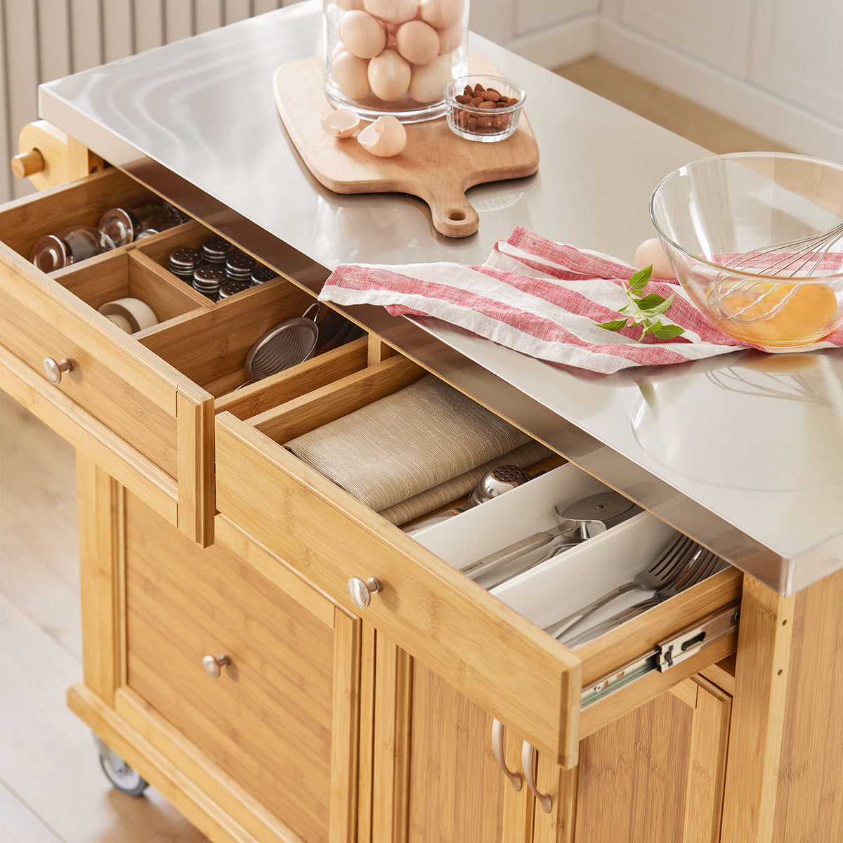 SoBuy FKW70-N Insulă de Bucătărie pe Roți, Blat de Lucru din INOX, 4 Sertare, Cărucior Mobil cu Spații de Depozitare – 115x46x92cm, Natur