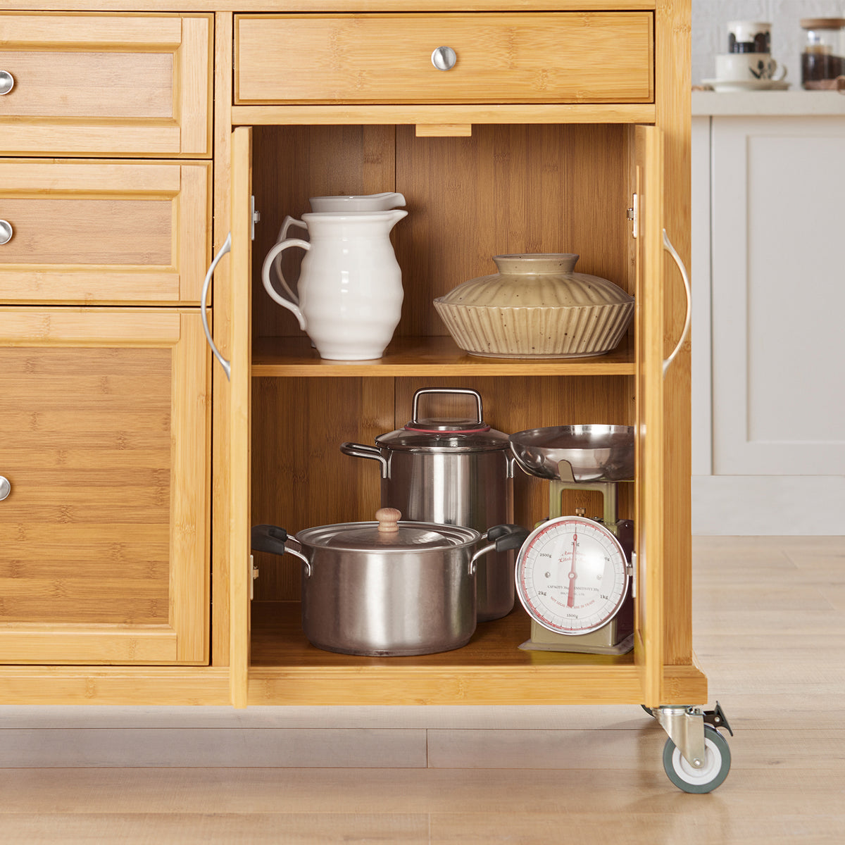 SoBuy FKW70-N Insulă de Bucătărie pe Roți, Blat de Lucru din INOX, 4 Sertare, Cărucior Mobil cu Spații de Depozitare – 115x46x92cm, Natur