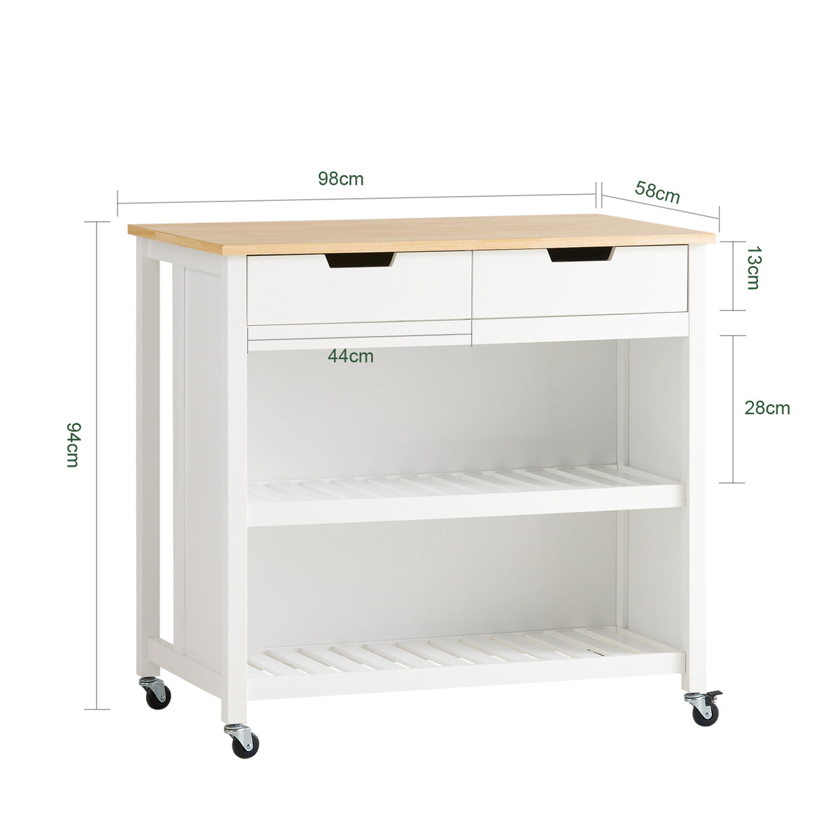 SoBuy FKW74-WN Cărucior de bucătărie cu roți, cu blat de lucru, 2 sertare și 2 rafturi, suport pentru cuptorul cu microunde, sarcină 60 kg – 100x60x94 cm, Alb și Natur