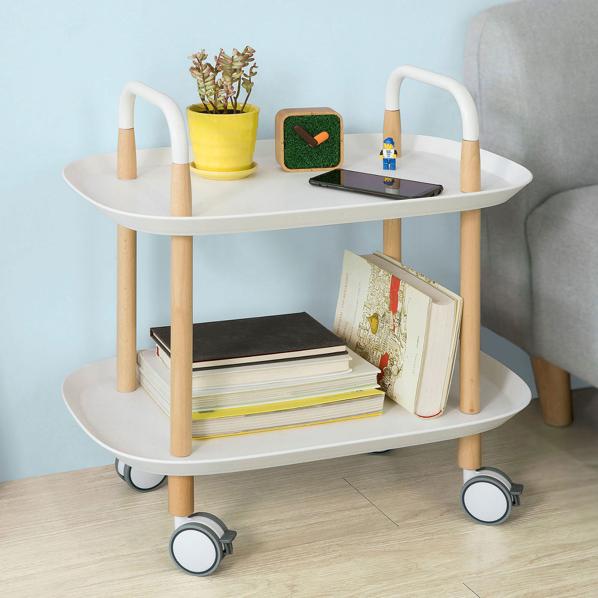 SoBuy FKW76-W Chariot de Servie Roulant à 2 Niveaux Table à Roulettes de Service Desserte