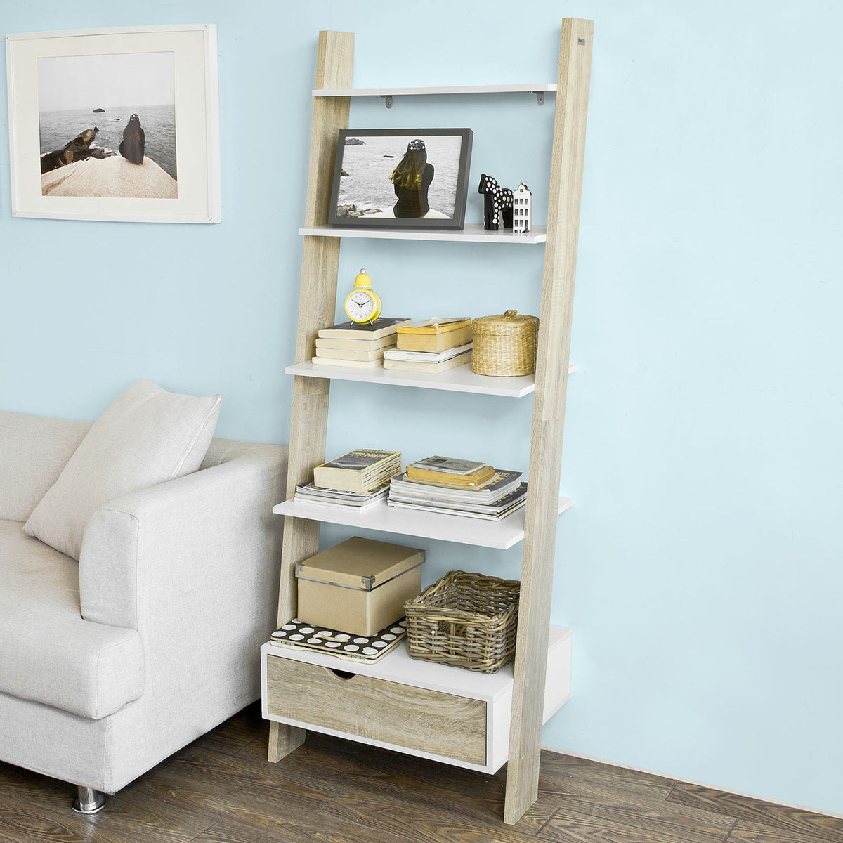 SoBuy FRG112-WN Bibliotecă Raft de Depozitare cu 5 rafturi și 1 sertar modern