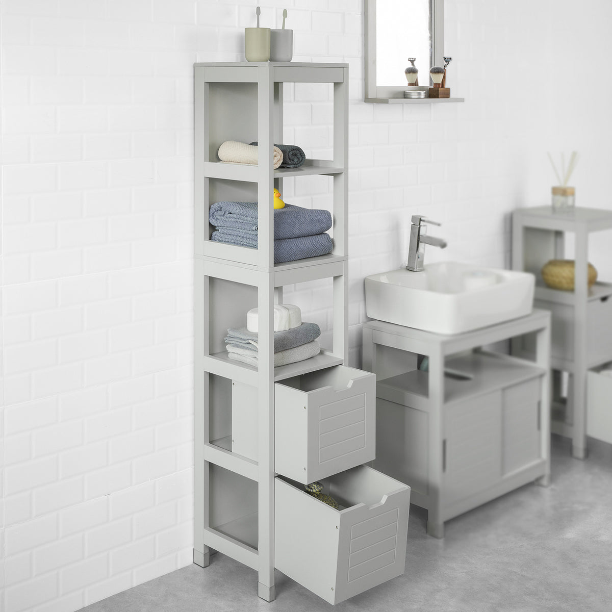 SoBuy FRG126-HG Dulap înalt de baie tip coloană – 4 rafturi și 2 sertare - Gri deschis