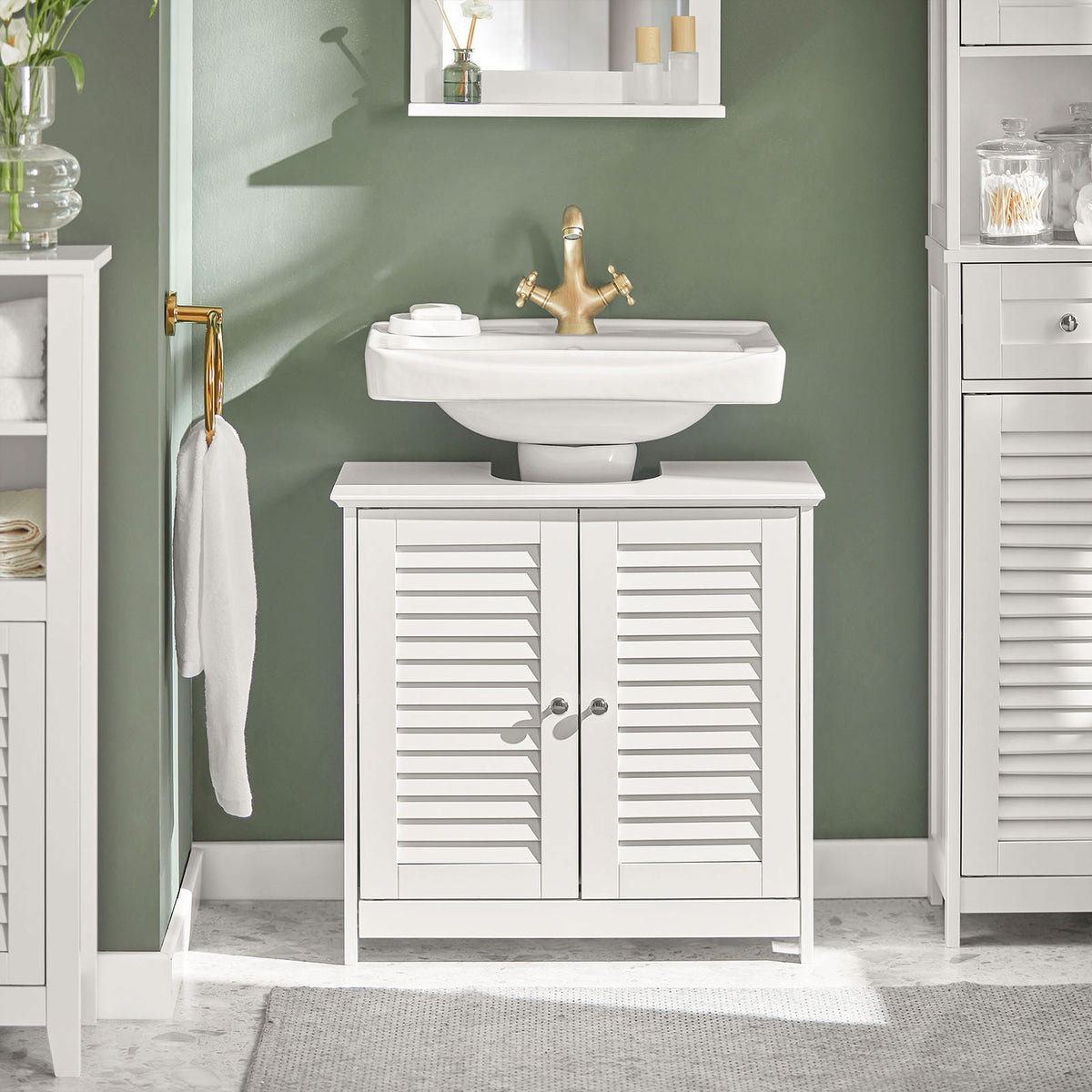 SoBuy FRG237-II-W Mască sub chiuvetă, Mască chiuvetă cu etajere reglabile, Mobilier de baie din MDF, pentru chiuvetă pe picior, Dulap de depozitare cu uși rezistente la umezeală, Alb, L60xP35xH58 cm