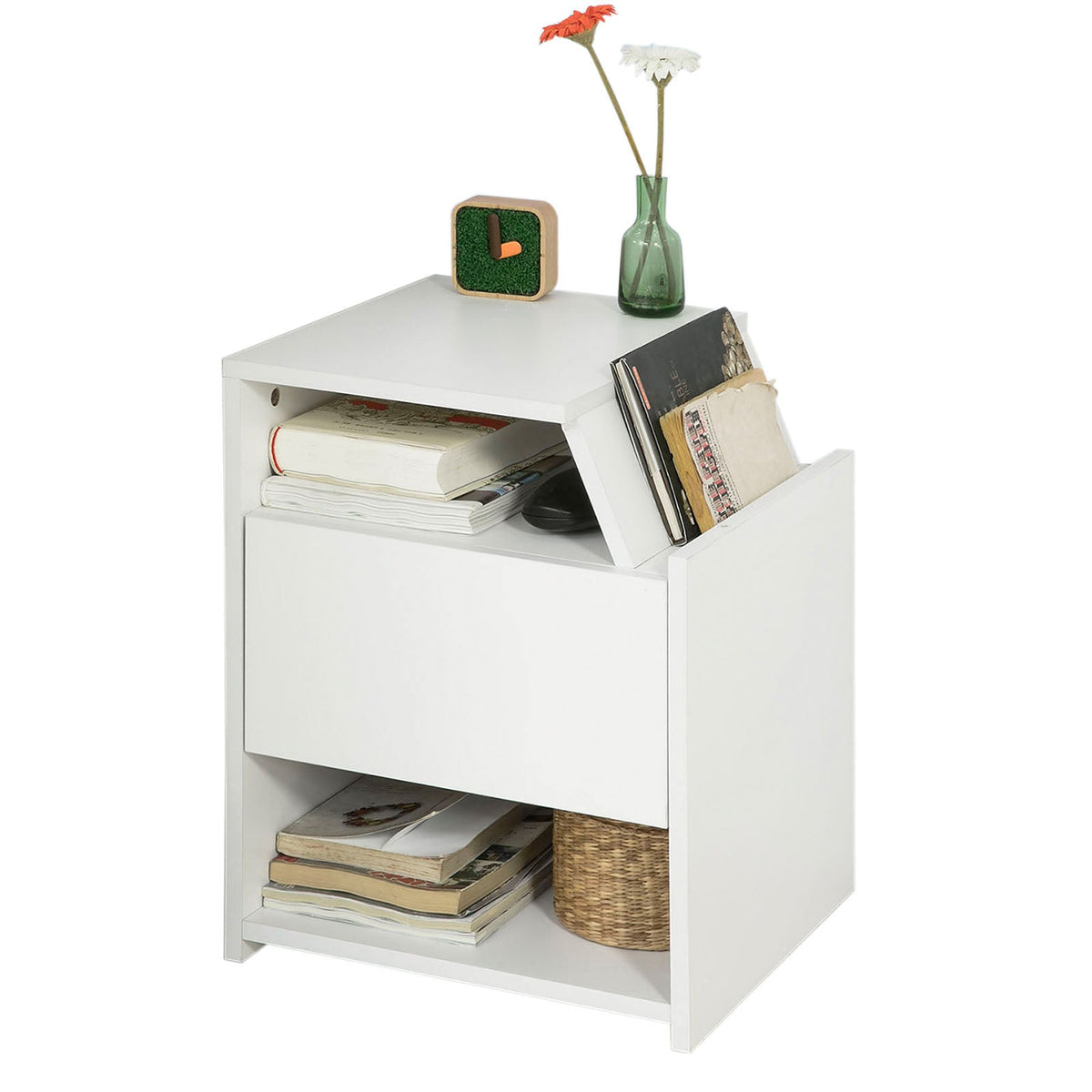 SoBuy FRG261-W Table de Chevet Table d'Appoint Bout de Canapé avec 1 Tiroir 2 Niches