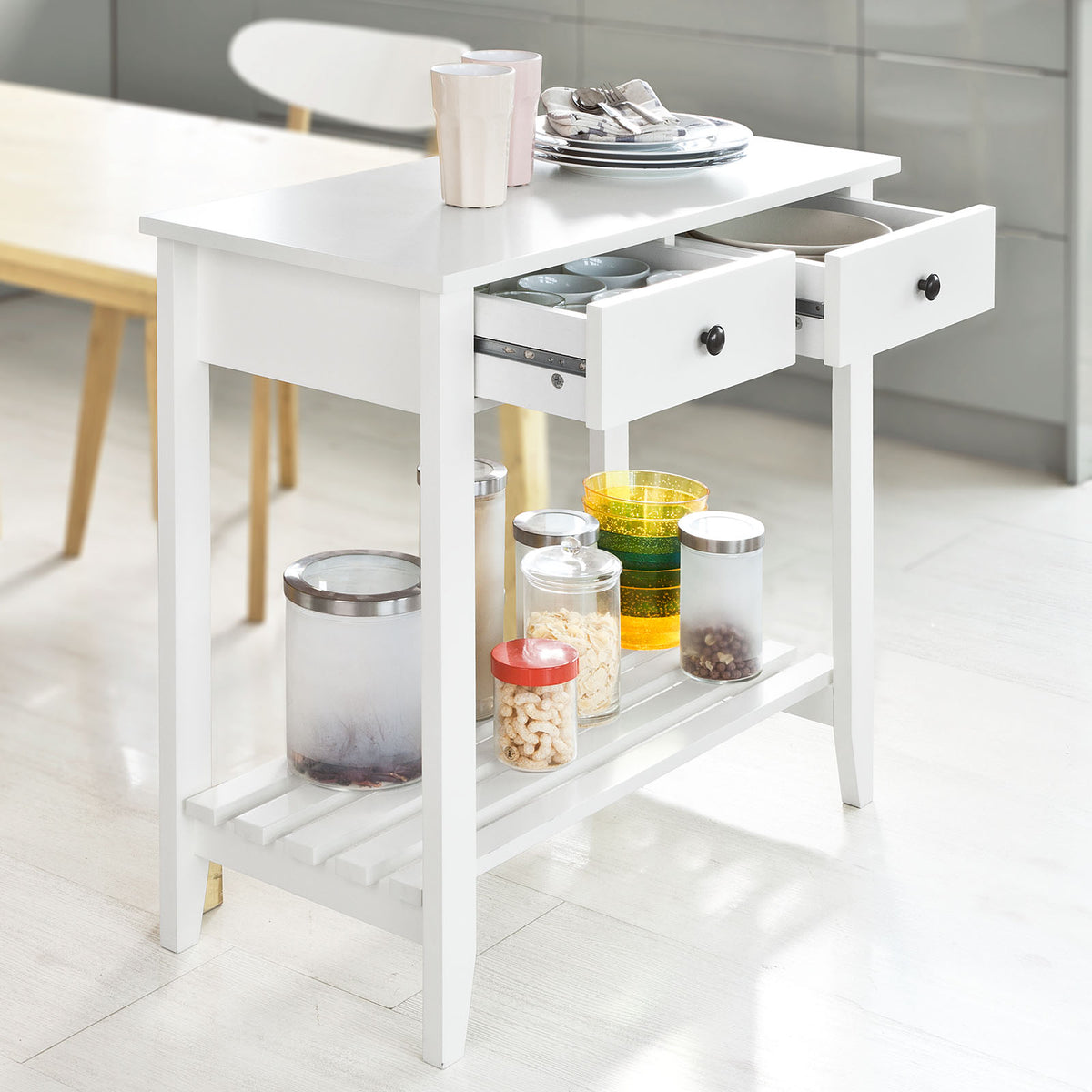 SoBuy FSB04-W Table Console 2 tiroirs et 1 étagère, L85cm x H80cm x P40cm