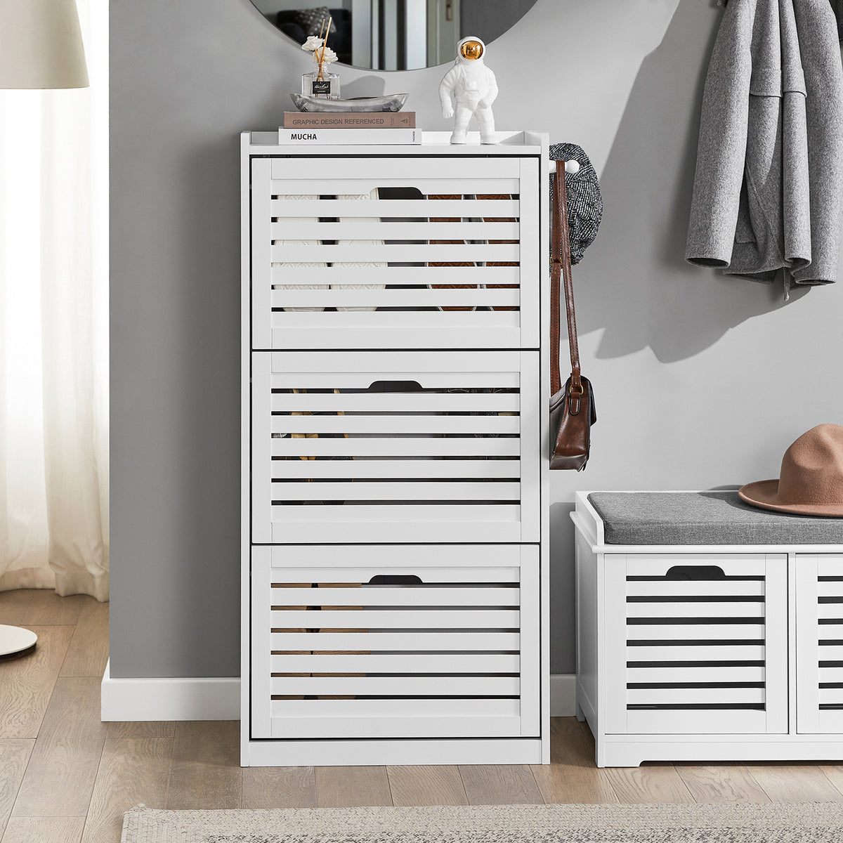 SoBuy FSR108-W Dulap de pantofi cu 3 compartimente și cârlige, Mobilier pentru Hol cu Agățătoare – 55x30x112 cm, Alb