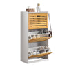 Precomandă SoBuy FSR108-WN Dulap de pantofi cu 3 uși rabatabile și 2 cârlige, Mobilier de hol cu cuier – 55x30x112 cm, Alb și Natural