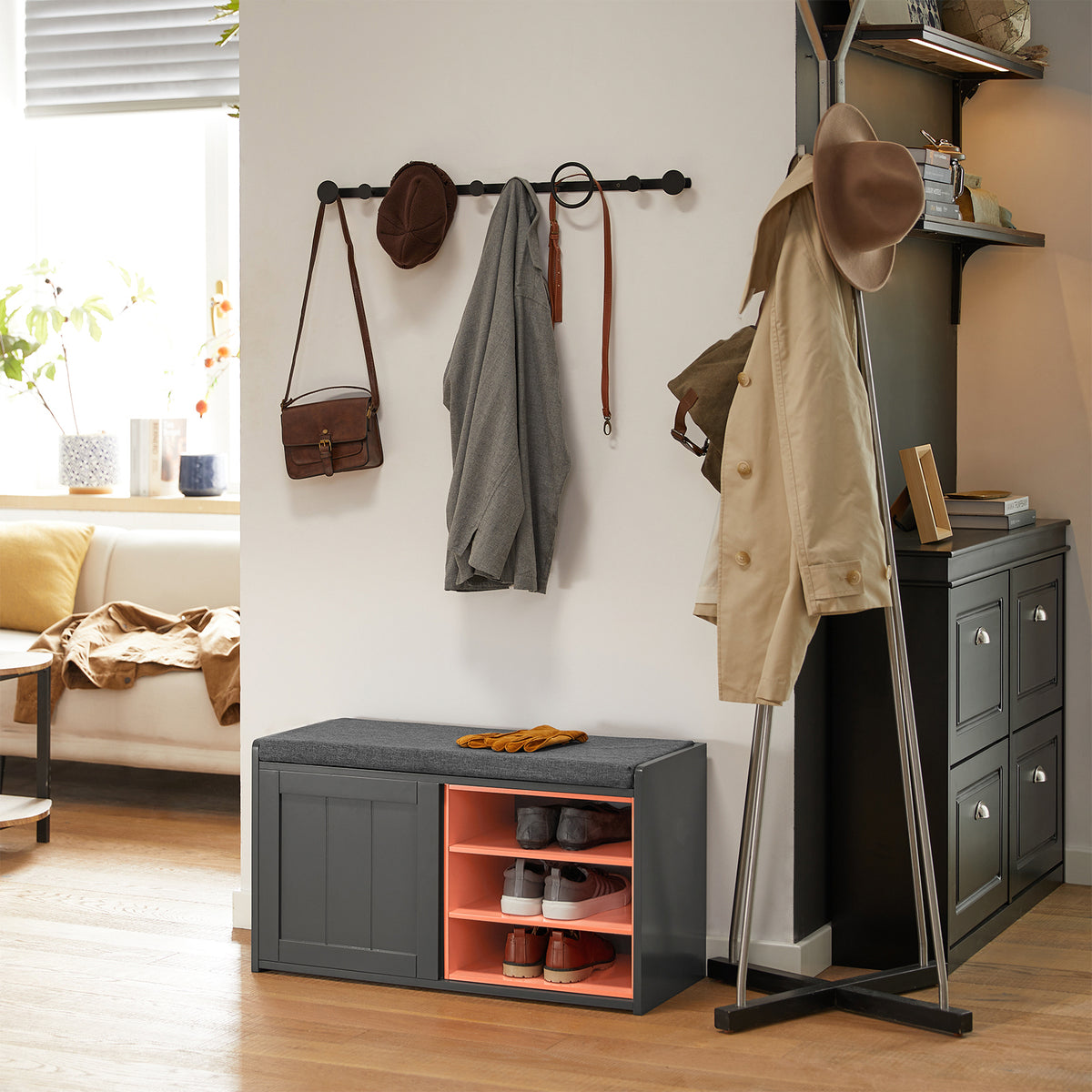 SoBuy FSR109-HG Banc à Chaussures Meuble Chaussures Commode à Chaussures Coussin Rembourré et Etagère Amovible