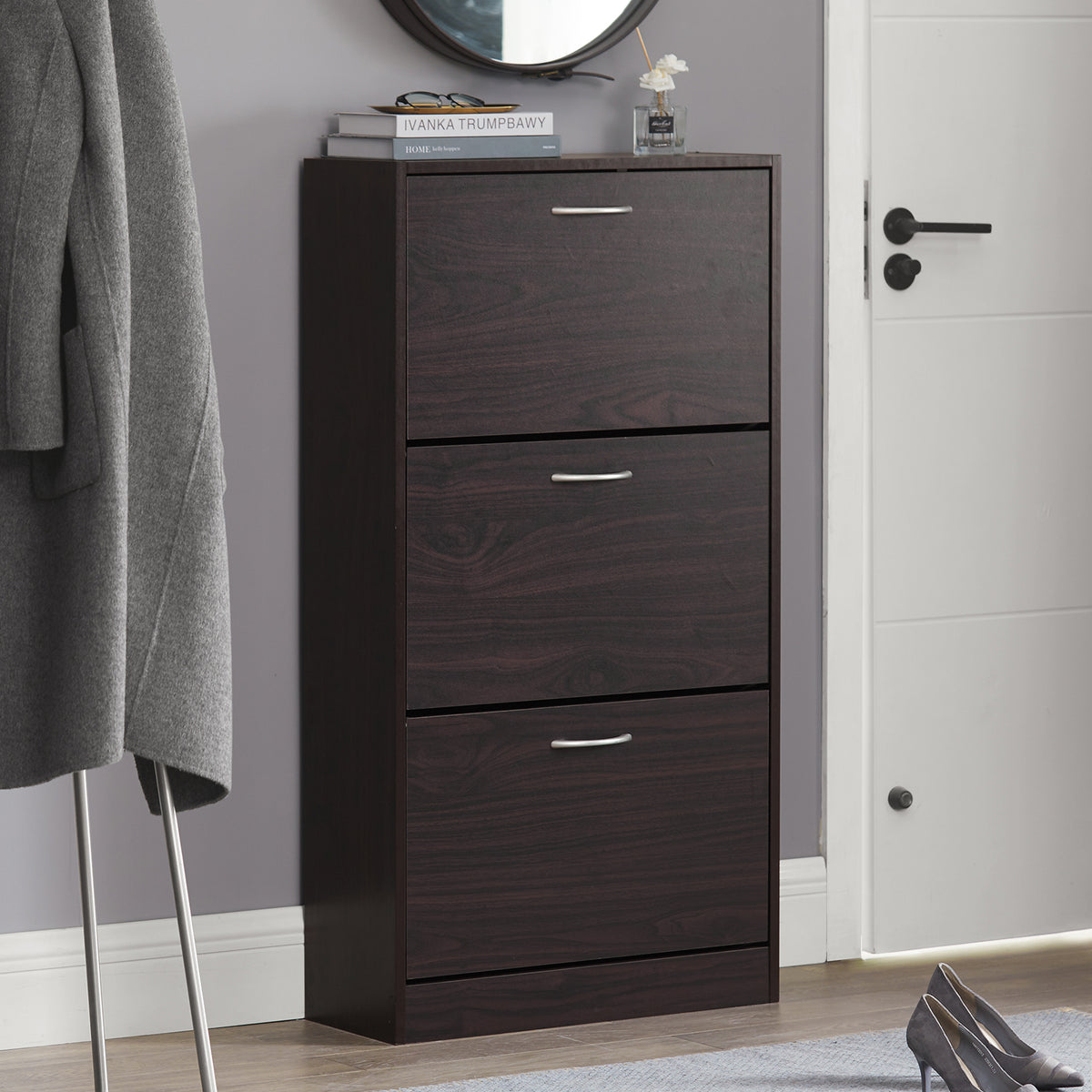 SoBuy FSR110-BR Dulap de Pantofi cu 3 Uși Rabatabile, Organizator pentru Hol Intrare – 60x24x115 cm, Maro