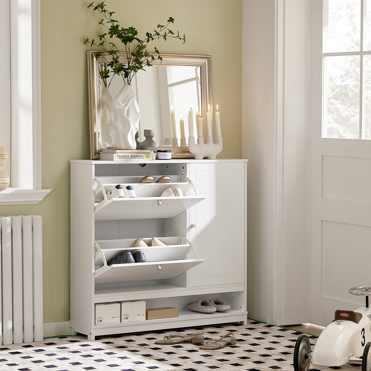 SoBuy FSR114-W Dulap de pantofi cu 2 uși rabatabile, 1 ușă și 1 compartiment deschis pentru hol – Alb