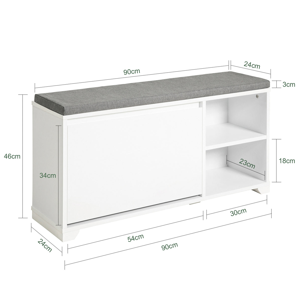 SoBuy FSR119-W Banc de Pantofi cu Pernă Căptușită, 1 Rabat și 2 Compartimente Deschise pentru Intrare – 90x24x46 cm, Alb