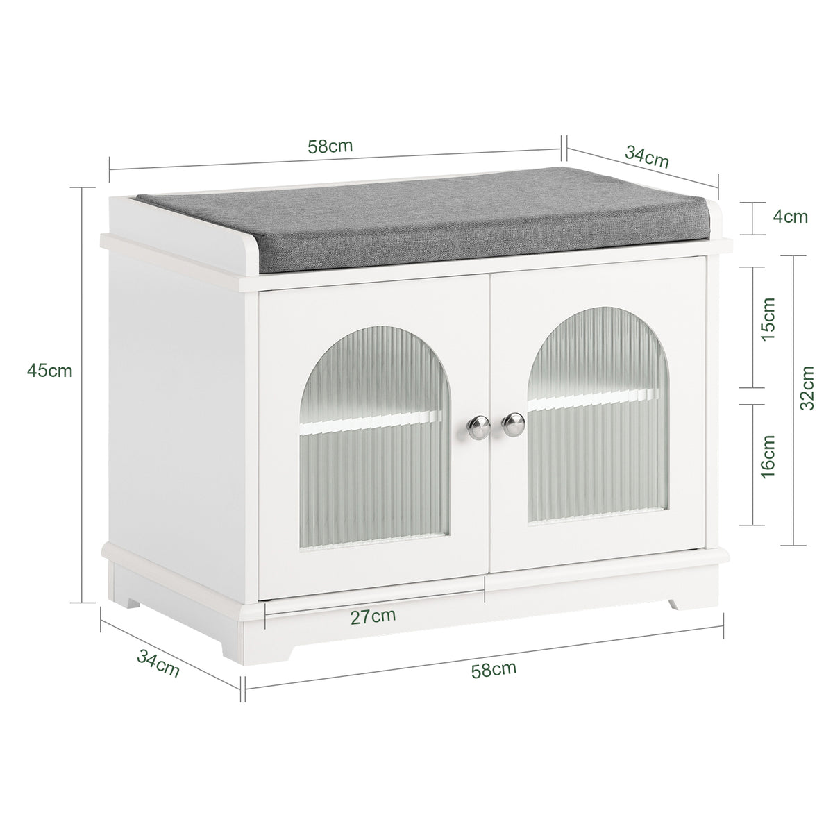 SoBuy FSR121-W Banc pentru Pantofi cu Pernă Căptușită, 2 Uși din Sticlă și 4 Rafturi pentru Hol – 60x35x45 cm, Alb