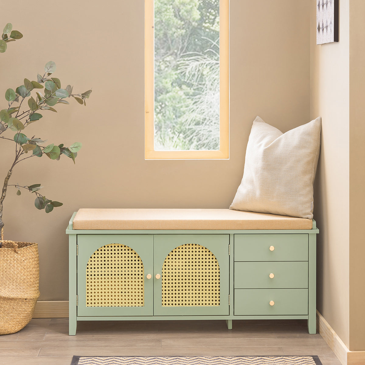 SoBuy FSR129-GR Banc pentru Pantofi 100cm – Pernă, 3 Sertare, 2 Uși cu Plasă Ventilată, 150kg – Verde