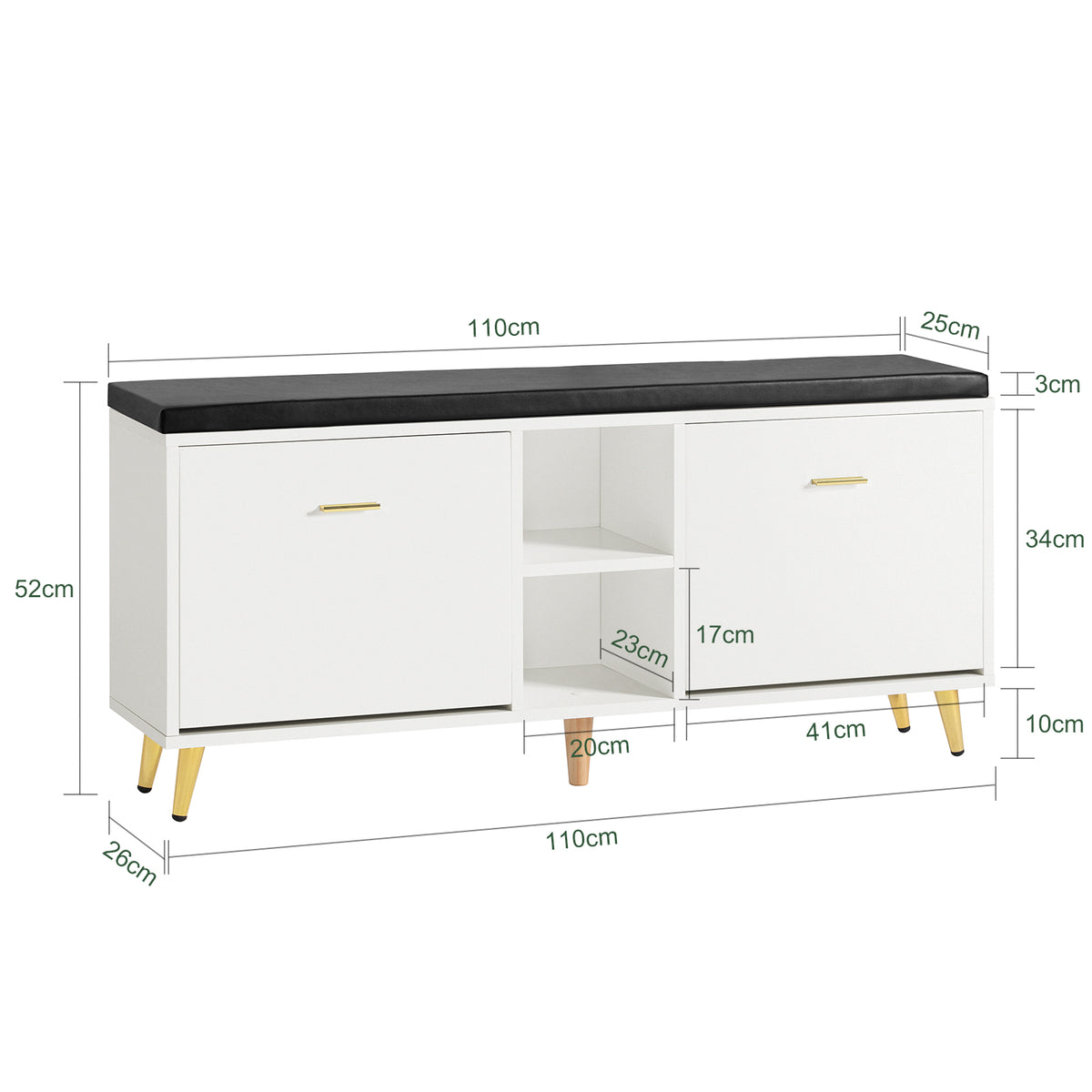 SoBuy FSR132-W Banc pentru Pantofi cu Pernă din PU, 2 Compartimente Rabatabile și 2 Compartimente Deschise, pe Picioare Aurii pentru Hol – 110x26x52 cm, Alb