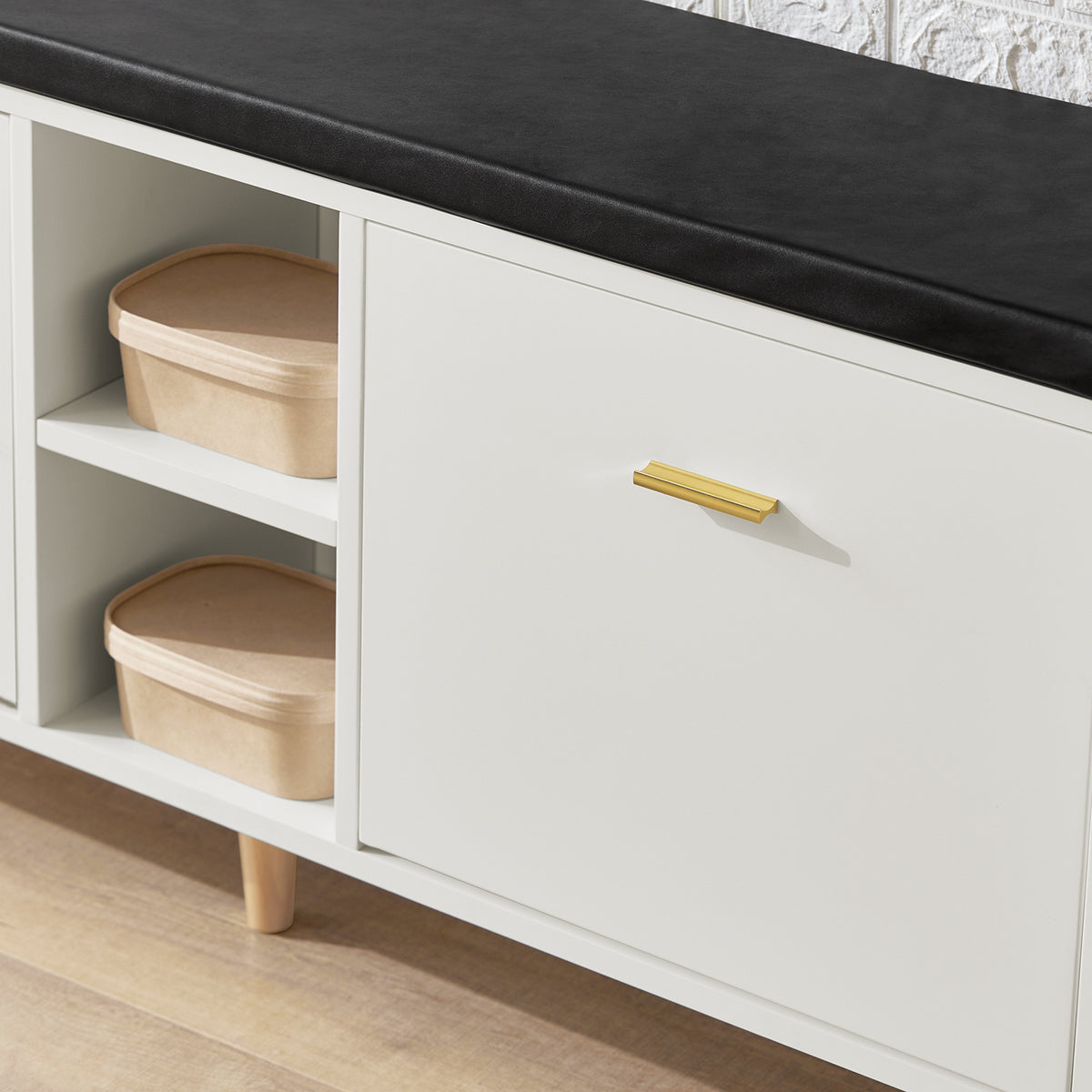 SoBuy FSR132-W Banc pentru Pantofi cu Pernă din PU, 2 Compartimente Rabatabile și 2 Compartimente Deschise, pe Picioare Aurii pentru Hol – 110x26x52 cm, Alb