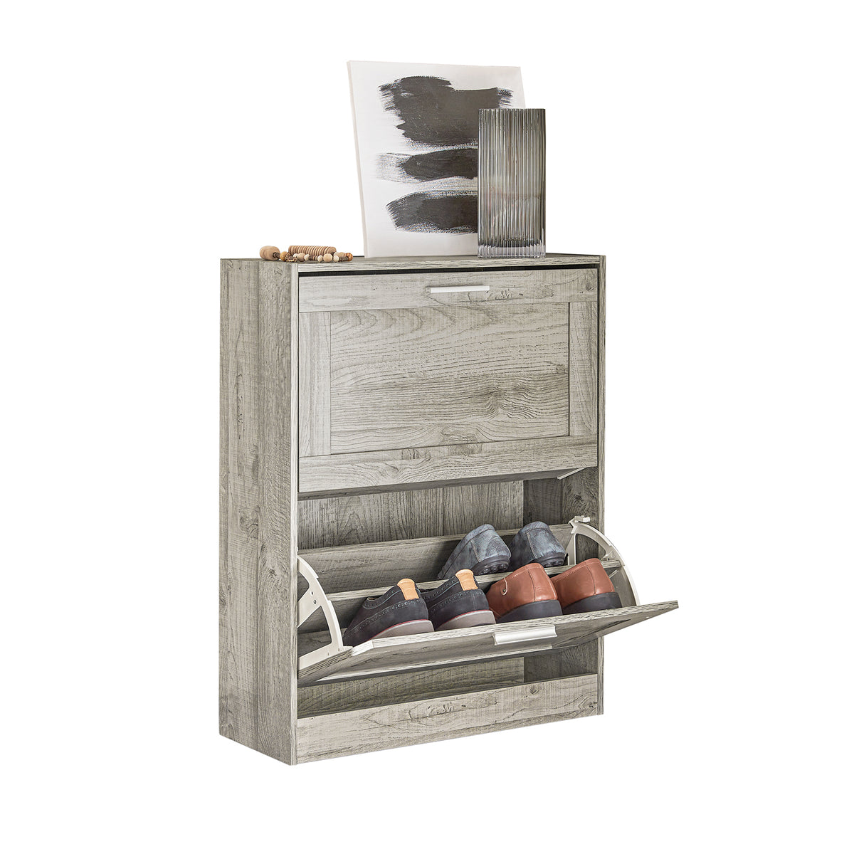 SoBuy FSR137-HG Armoire à Chaussures 2 Abattants Réglables, Slim pour Entrée Couloir – Gris Effet Bois