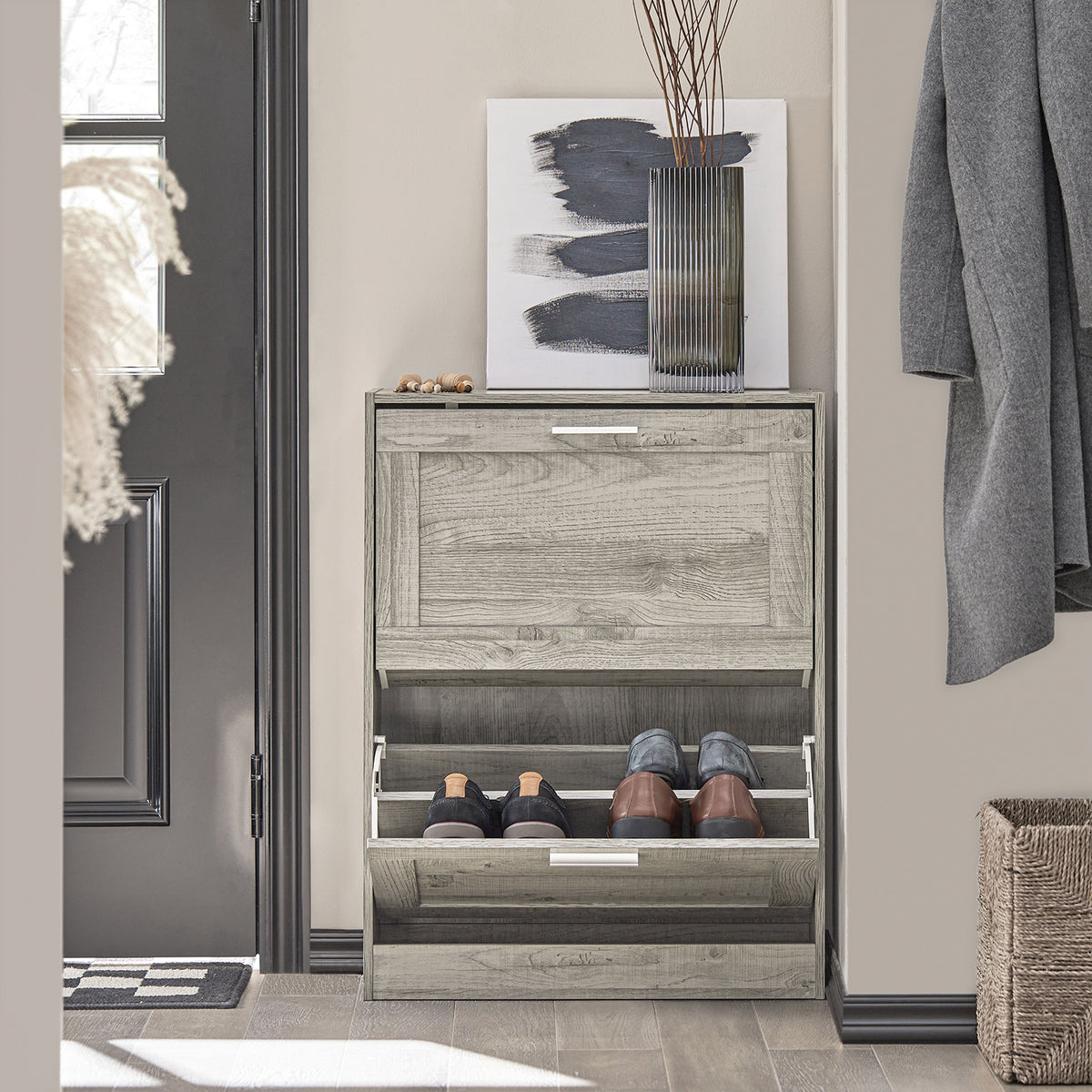 SoBuy FSR137-HG Armoire à Chaussures 2 Abattants Réglables, Slim pour Entrée Couloir – Gris Effet Bois