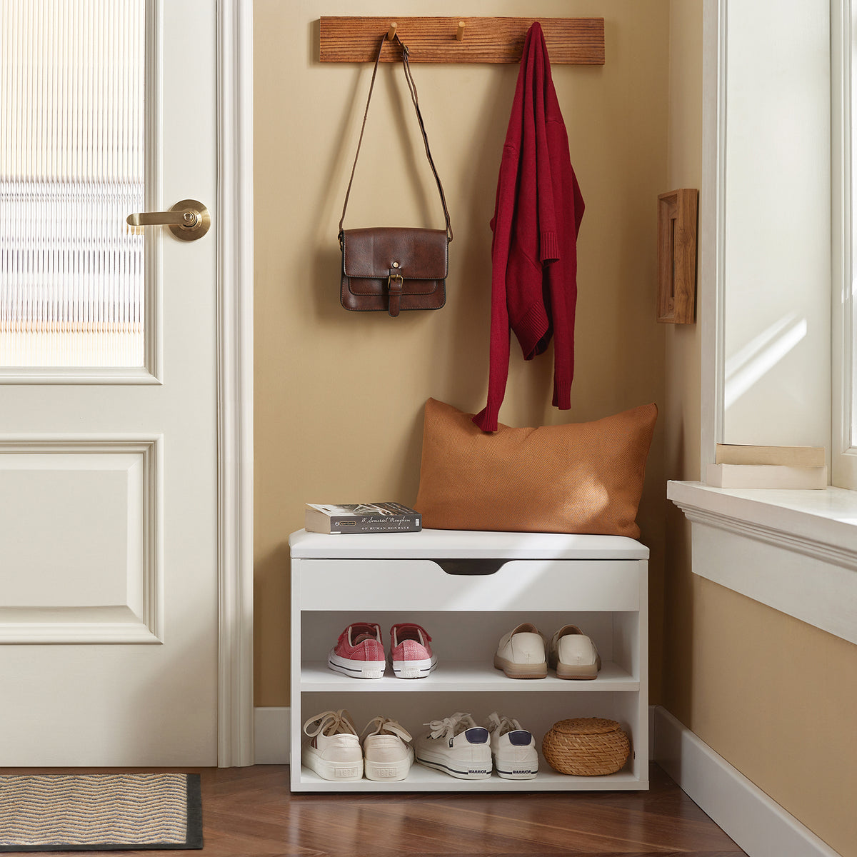 SoBuy FSR25-W Banc pentru Pantofi cu 2 Nivele și Pernă Căptușită pentru Hol Intrare – 60x30x44 cm, Alb