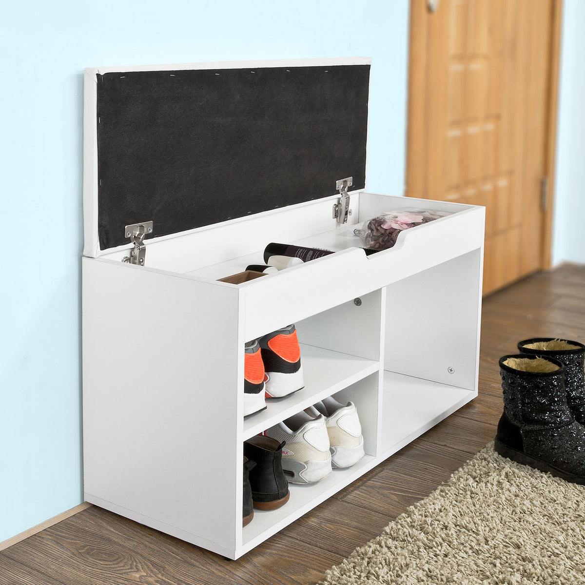 SoBuy FSR27-W Banc pentru Pantofi cu Pernă Căptușită și Spațiu de Depozitare pentru Cizme, Mobilier de Hol – 80x30x47 cm, Alb