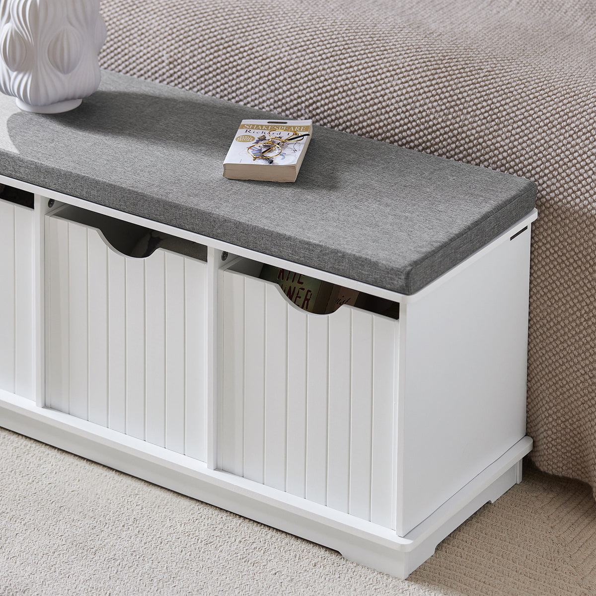 SoBuy FSR30-W Banc pentru Pantofi cu Pernă Căptușită și 3 Compartimente de Depozitare pentru Hol – 100x36x46 cm, Alb