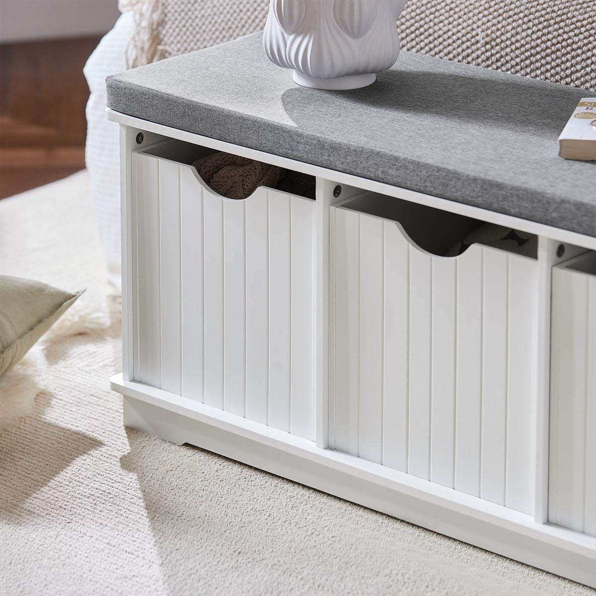 SoBuy FSR30-W Banc pentru Pantofi cu Pernă Căptușită și 3 Compartimente de Depozitare pentru Hol – 100x36x46 cm, Alb