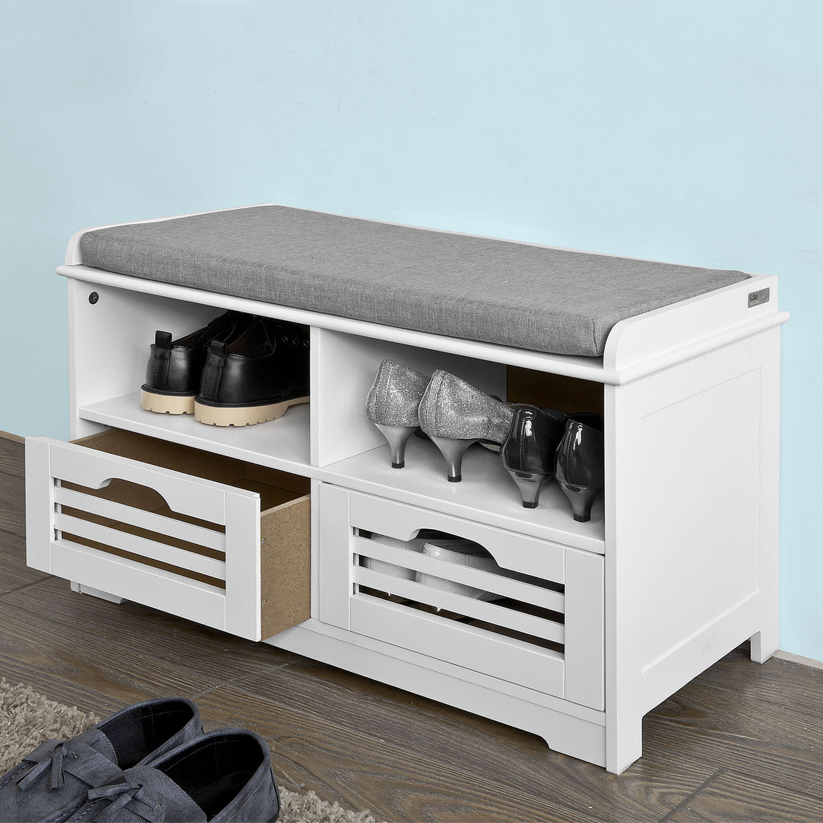 SoBuy FSR36-K-W Banc à Chaussures avec Coussin Rembourré et Rangement, Meuble d'Entrée Compact – 71x35x43 cm, Blanc