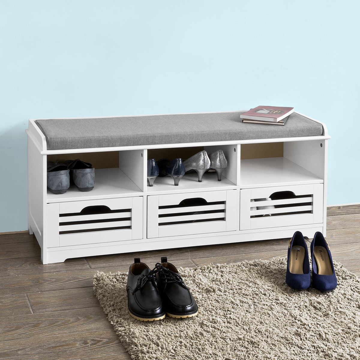 SoBuy FSR36-W Banc pentru Pantofi cu Pernă Căptușită și Spațiu de Depozitare, Mobilier de Intrare – 105x35x43 cm, Alb