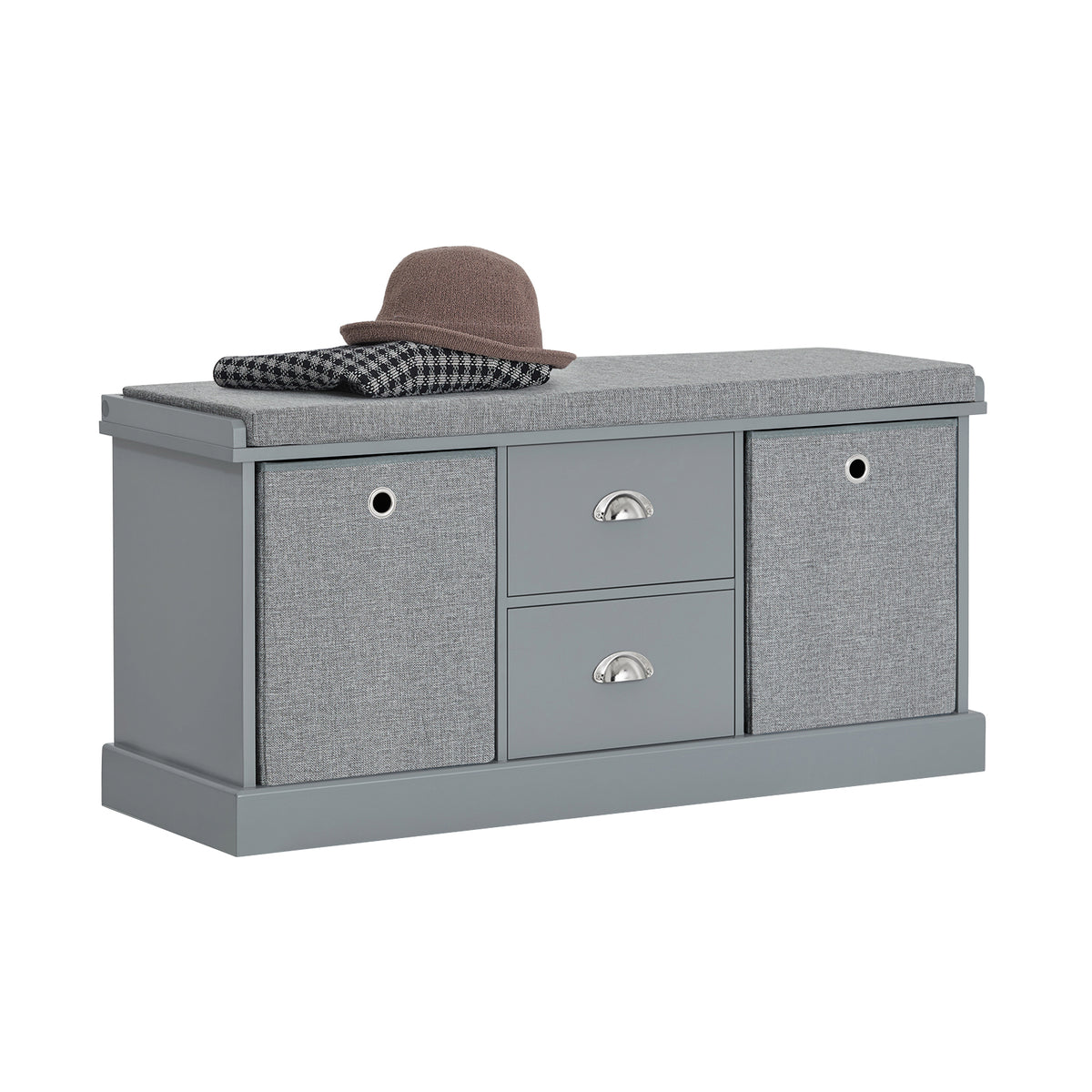 SoBuy FSR66-DG Banc de Rangement avec Coussin Rembourré, 2 Tiroirs et 2 Paniers Meuble Bas Entrée Commode à Chaussure Banquet