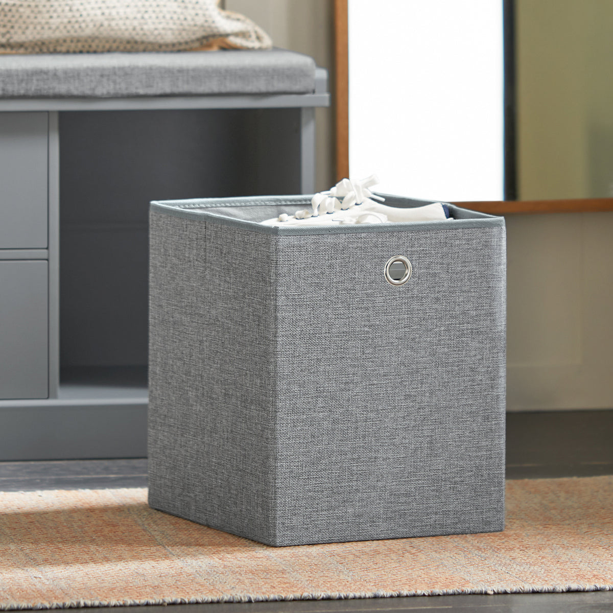 SoBuy FSR66-DG Banc de Rangement avec Coussin Rembourré, 2 Tiroirs et 2 Paniers Meuble Bas Entrée Commode à Chaussure Banquette Confortable