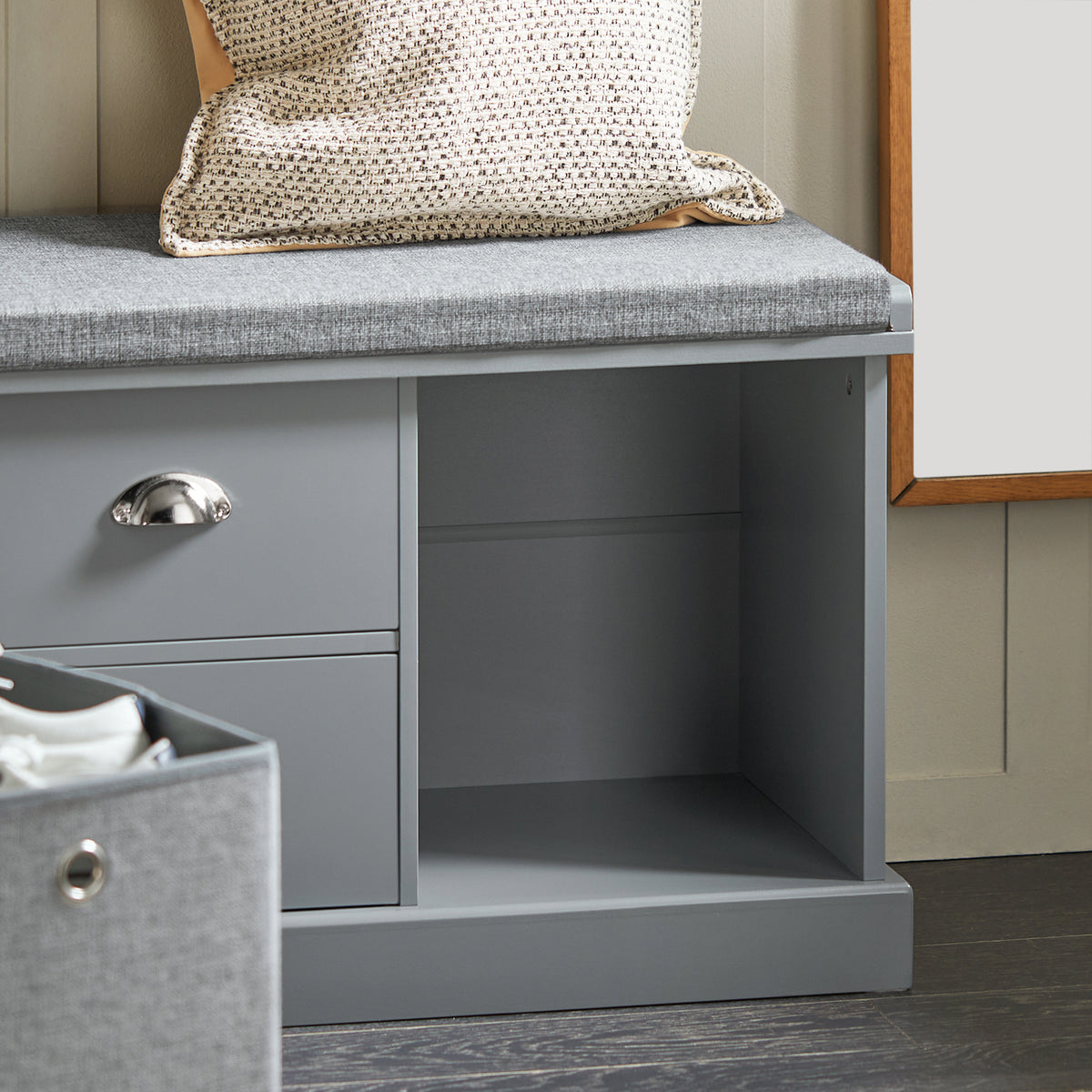 SoBuy FSR66-DG Banc de Rangement avec Coussin Rembourré, 2 Tiroirs et 2 Paniers Meuble Bas Entrée Commode à Chaussure Banquette Confortable