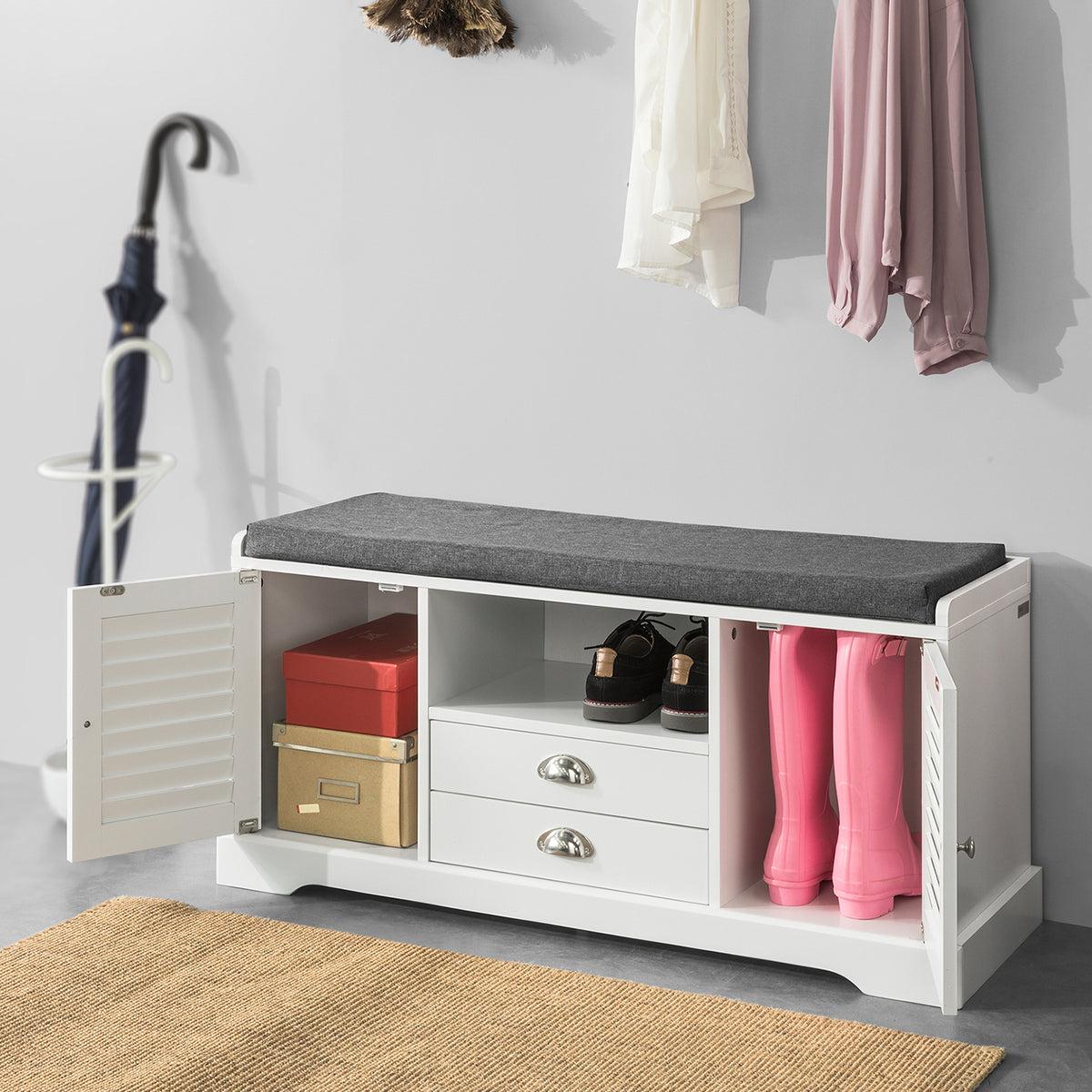 SoBuy FSR71-W Banc de Pantofi cu Pernă Căptușită și Spațiu de Depozitare pentru Hol/Intrare – 105x37x49 cm, Alb