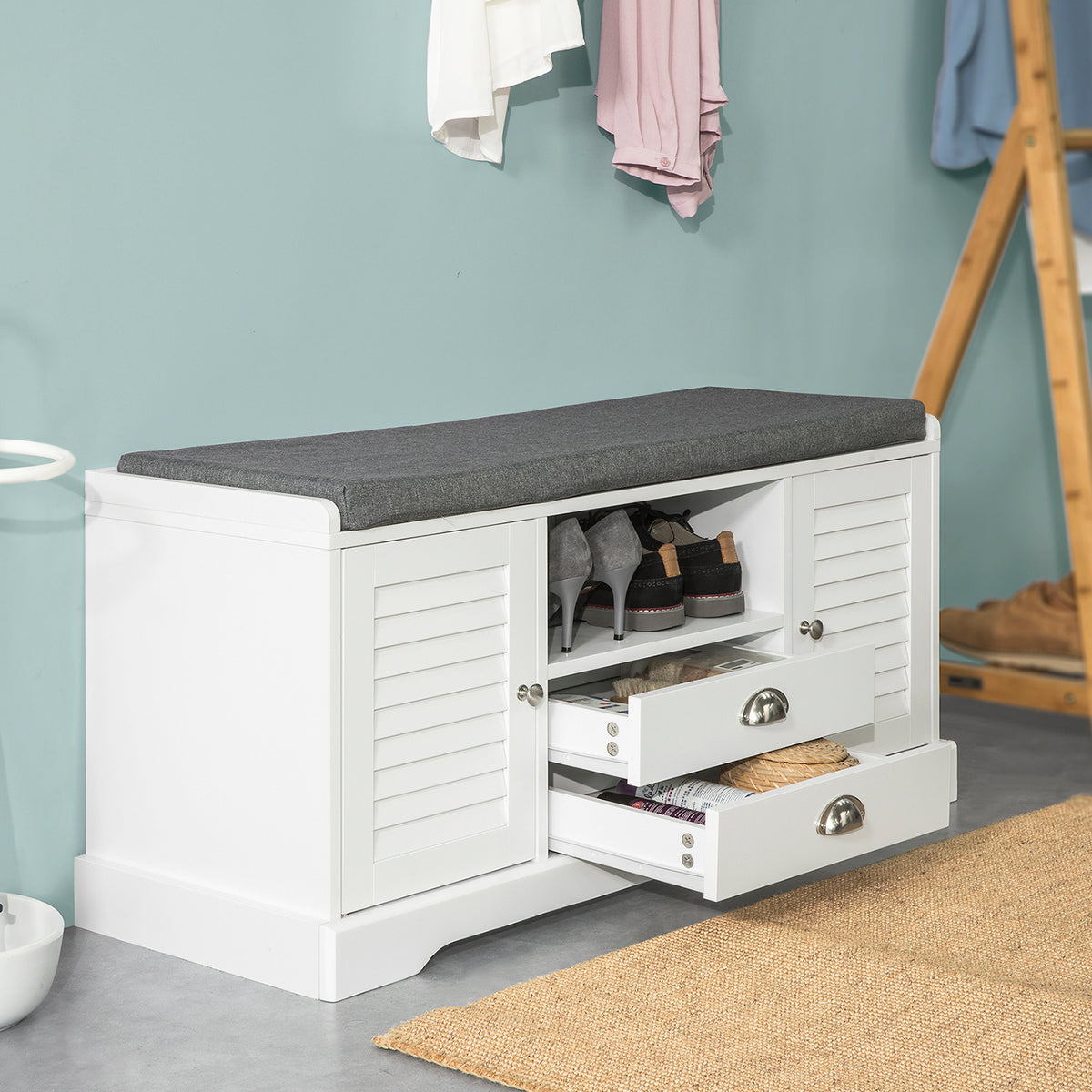 SoBuy FSR71-W Banc de Pantofi cu Pernă Căptușită și Spațiu de Depozitare pentru Hol/Intrare – 105x37x49 cm, Alb