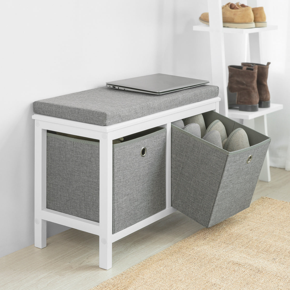SoBuy FSR81-HG Banc pentru Pantofi cu Pernă Căptușită și 2 Coșuri de Depozitare pentru Hol – 70x30x50 cm, Gri