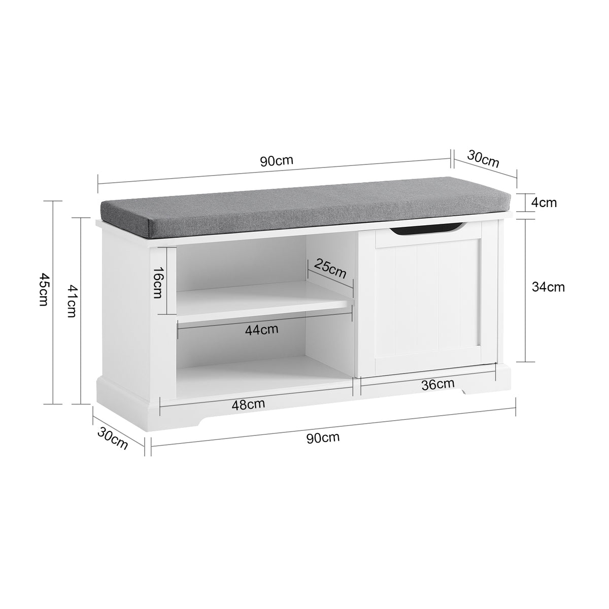 SoBuy FSR84-W Banc à Chaussures avec Coussin Rembourré, 1 Porte et 2 Étagères pour Entrée Couloir – 80x30x45 cm, Blanc