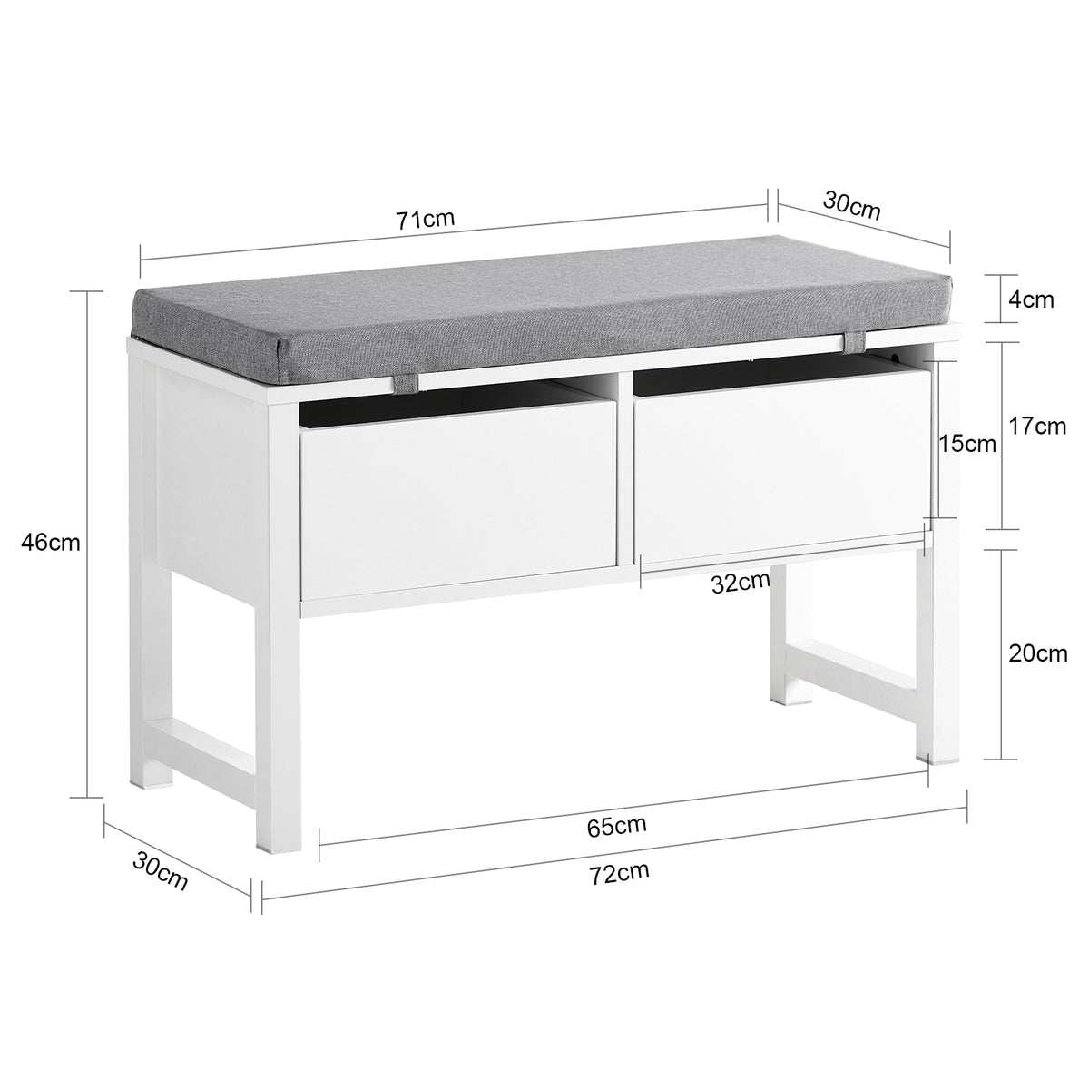 SoBuy FSR88-W Banc à Chaussures avec Coussin Rembourré et Rangement pour Entrée Couloir – 72x30x46 cm, Blanc