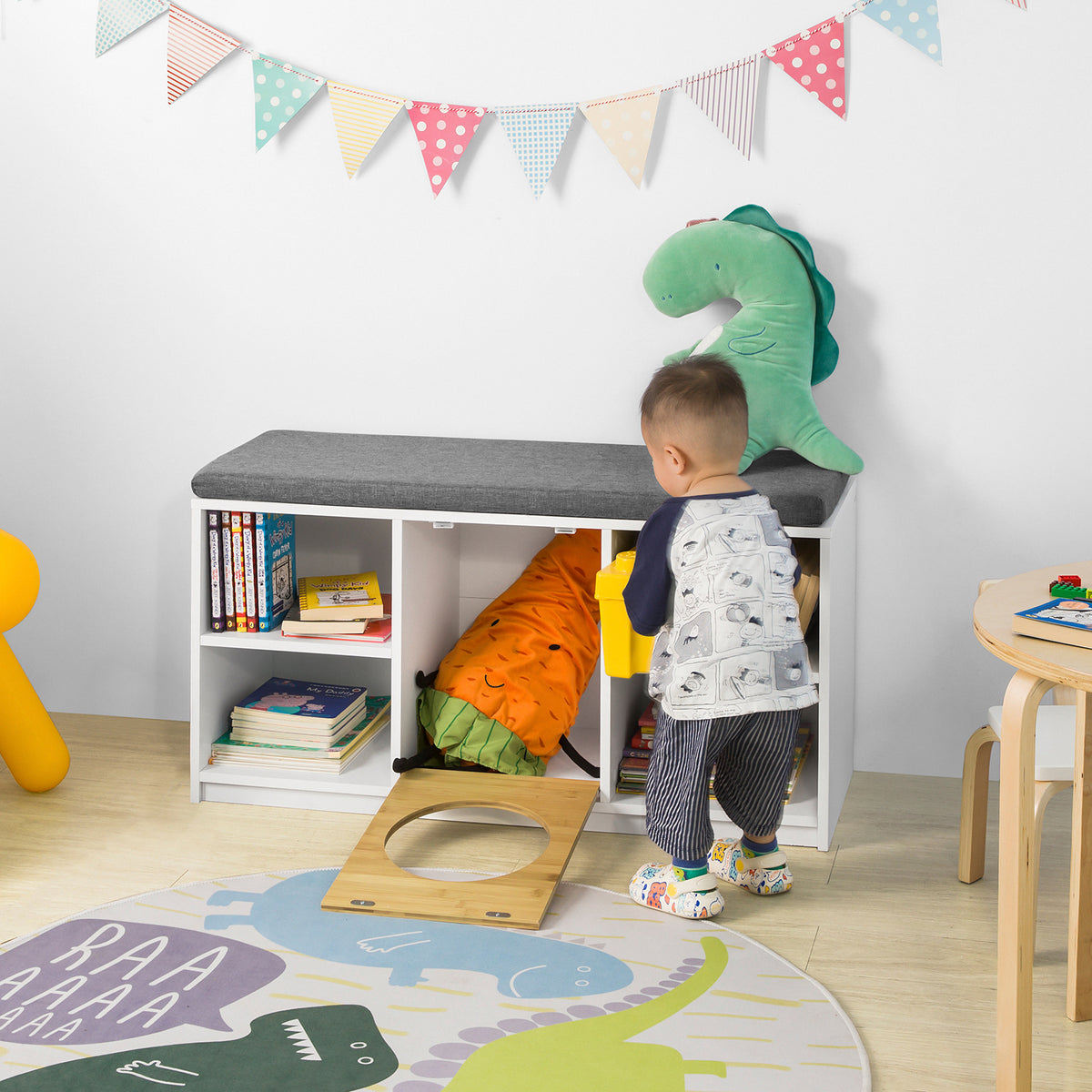 SoBuy FSR91-W Banc de Rangement pour Enfant Coffre à jouets Banc à Chaussures avec Maison de Chat Commode à Chaussures avec Coussin d'assise