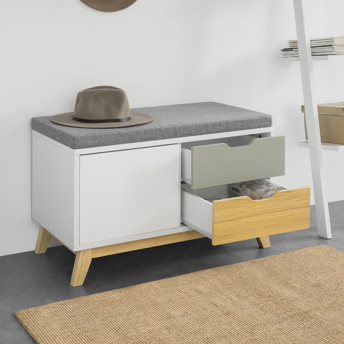 SoBuy FSR92-W Banchetă pentru Pantofi cu Pernă Căptușită, 2 Sertare și 1 Ușă pentru Intrare – 80x38x51 cm, Alb