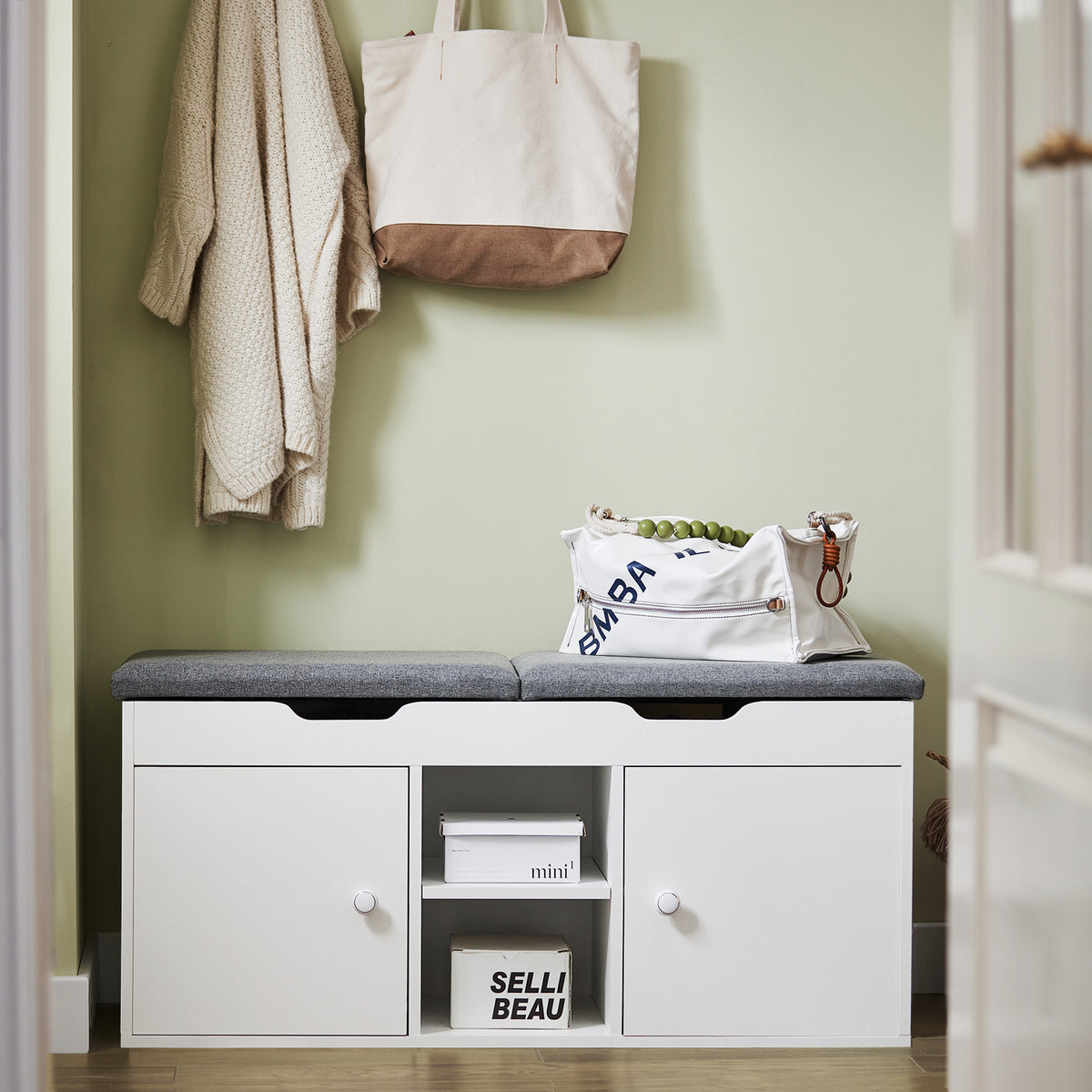 SoBuy FSR96-W Banc pentru Pantofi cu Pernă Căptușită, 2 Uși, 3 Rafturi Ajustabile – Organizator de Pantofi Modern pentru Mobilierul de Intrare – 150kg – Alb 100x34x47cm